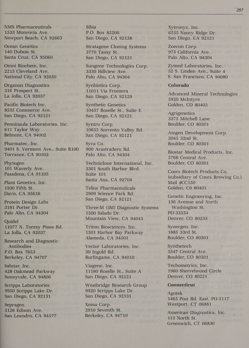 NMS Pharmaceuticals 1533 Monrovia Ave. Newport Beach, CA 92663 Ocean Genetics 140 Dubois St. Santa Cruz, CA 95060 Omni Biochem, Inc. 2215 Cleveland Ave. National City, CA 92050 Organon Diagnostics 316 Prospect St. La Jolla, CA 92037 Pacific Biotech Inc. 8535 Commerce Ave. San Diego, CA 92121 Penninsula Laboratories, Inc. 611 Taylor Way Belmont, CA 94002 Pharmatec, Inc. 9401 S. Vermont Ave., Suite B100 Torrance, CA 90502 Phytogen 101 Waverly Ave. Pasadena, CA 91105 Plant Genetics, Inc. 1930 Fifth St. Davis, CA 95616 Protein Design Labs 3181 Porter Dr. Palo Alto, CA 94304 Quidel 11077 N. Torrey Pines Rd. La Jolla, CA 92037 Research and Diagnostic Antibodies P.O. Box 7653 Berkeley, CA 94707 Salutar, Inc. 428 Oakmead Parkway Sunnyvale, CA 94806 Scripps Laboratories 9950 Scripps Lake Dr. San Diego, CA 92131 Sepragen 2126 Edison Ave. San Leandro, CA 94577 Sibia P.O. Box 85200 San Diego, CA 92138 Stratagene Cloning Systems 3770 Tansy St. San Diego, CA 92121 Sungene Technologies Corp. 3330 Hillview Ave. Palo Alto, CA 94304 Synbiotics Corp. 11011 Via Frontera San Diego, CA 92129 Synthetic Genetics 10457 Roselle St., Suite E San Diego, CA 92121 Syntro Corp. 10655 Sorrento Valley Rd. San Diego, CA 92121 Syva Co. 900 Arastradero Rd. Palo Alto, CA 94304 Techniclone International, Inc. 3301 South Harbor Blvd. Suite 101 Santa Ana, CA 92704 Telios Pharmaceuticals 2909 Science Park Rd. San Diego, CA 92121 Three-M (3M) Diagnostic Systems 1500 Salado Dr. Mountain View, CA 94043 Triton Biosciences, Inc. 1501 Harbor Bay Parkway Alameda, CA 94501 Vector Laboratories, Inc. 30 Ingold Rd. Burlingame, CA 94010 Viagene, Inc. 11180 Roselle St., Suite A San Diego, CA 92121 Westbridge Research Group 9920 Scripps Lake Dr. San Diego, CA 92131 Xoma Corp. 2910 Seventh St. Berkeley, CA 94710 257 Xytronyx, Inc. 6555 Nancy Ridge Dr. © San Diego, CA 92121 Zoecon Corp. 975 California Ave. Palo Alto, CA 94304 Zymed Laboratories, Inc. 52 S. Linden Ave., Suite 4 S. San Francisco, CA 94080 Colorado Advanced Mineral Technologies 5920 McIntyre Golden, CO 80403 Agrigenetics 3375 Mitchell Lane Boulder, CO 80301 Amgen Development Corp. 2045 32nd St. Boulder, CO 80301 Biostar Medical Products, Inc. 5766 Central Ave. Boulder, CO 80301 Coors Biotech Products Co. (subsidiary of Coors Brewing Co.) Mail #CC150 Golden, CO 80401 Genetic Engineering, Inc. 136 Avenue and North Washington St. PO-33554 Denver, CO 80233 Synergen, Inc. 1885 33rd St. Boulder, CO 80301 Synthetech 5547 Central Ave. Boulder, CO 80301 Techometrics, Inc. 1960 Sherrelwood Circle Denver, CO 80221 Connecticut Agotek 1465 Post Rd. East, PO-5117 Westport, CT 06881 American Diagnostica, Inc. 111 North St. Greenwich, CT 06830