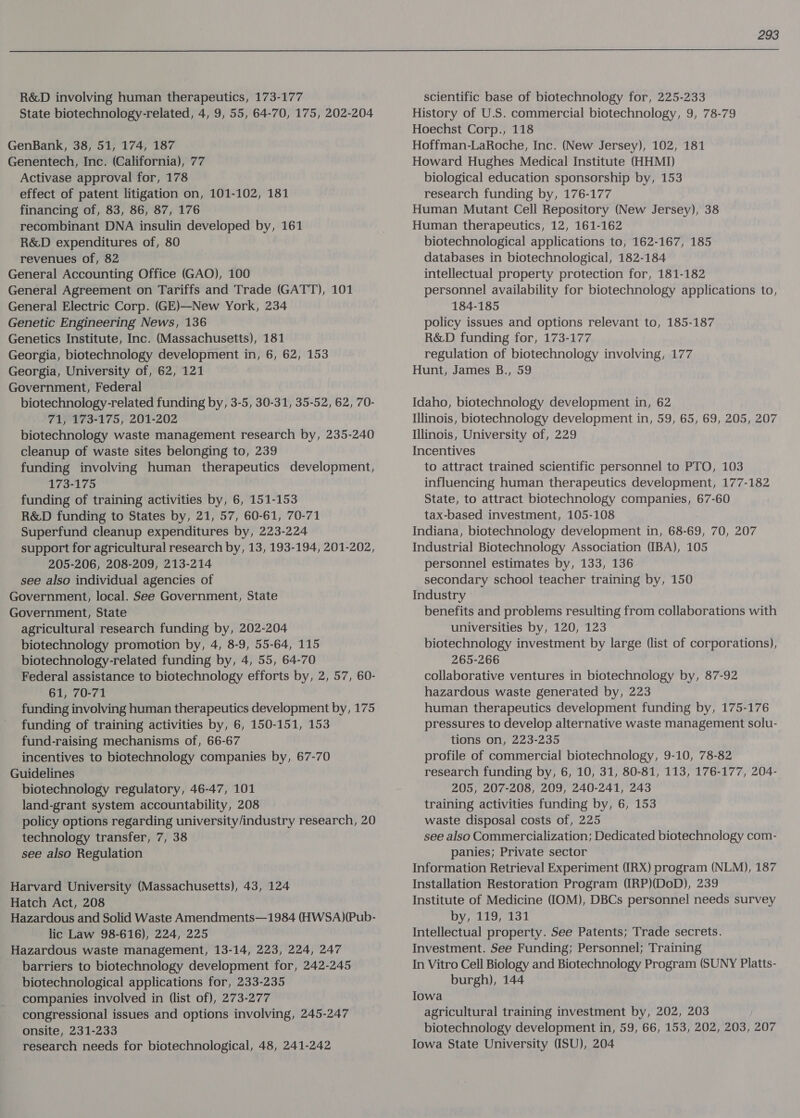  R&amp;D involving human therapeutics, 173-177 State biotechnology-related, 4, 9, 55, 64-70, 175, 202-204 GenBank, 38, 51, 174, 187 Genentech, Inc. (California), 77 Activase approval for, 178 effect of patent litigation on, 101-102, 181 financing of, 83, 86, 87, 176 recombinant DNA insulin developed by, 161 R&amp;D expenditures of, 80 revenues of, 82 — General Accounting Office (GAO), 100 General Agreement on Tariffs and Trade (GATT), 101 General Electric Corp. (GE)—New York, 234 Genetic Engineering News, 136 Genetics Institute, Inc. (Massachusetts), 181 Georgia, biotechnology development in, 6, 62, 153 Georgia, University of, 62, 121 Government, Federal biotechnology-related funding by, 3-5, 30-31, 35-52, 62, 70- 71, 173-175, 201-202 biotechnology waste management research by, 235-240 cleanup of waste sites belonging to, 239 funding involving human therapeutics development, 173-175 funding of training activities by, 6, 151-153 R&amp;D funding to States by, 21, 57, 60-61, 70-71 Superfund cleanup expenditures by, 223-224 support for agricultural research by, 13, 193-194, 201-202, 205-206, 208-209, 213-214 see also individual agencies of Government, local. See Government, State Government, State agricultural research funding by, 202-204 biotechnology promotion by, 4, 8-9, 55-64, 115 biotechnology-related funding by, 4, 55, 64-70 Federal assistance to biotechnology efforts by, 2, 57, 60- 61, 70-71 funding involving human therapeutics development by, 175 funding of training activities by, 6, 150-151, 153 fund-raising mechanisms of, 66-67 incentives to biotechnology companies by, 67-70 Guidelines biotechnology regulatory, 46-47, 101 land-grant system accountability, 208 policy options regarding university/industry research, 20 technology transfer, 7, 38 see also Regulation Harvard University (Massachusetts), 43, 124 Hatch Act, 208 Hazardous and Solid Waste Amendments—1984 (HWSA)(Pub- lic Law 98-616), 224, 225 Hazardous waste management, 13-14, 223, 224, 247 barriers to biotechnology development for, 242-245 biotechnological applications for, 233-235 companies involved in (list of), 273-277 congressional issues and options involving, 245-247 onsite, 231-233 research needs for biotechnological, 48, 241-242 scientific base of biotechnology for, 225-233 History of U.S. commercial biotechnology, 9, 78-79 Hoechst Corp., 118 Hoffman-LaRoche, Inc. (New Jersey), 102, 181 Howard Hughes Medical Institute (HHMI) biological education sponsorship by, 153 research funding by, 176-177 Human Mutant Cell Repository (New Jersey), 38 Human therapeutics, 12, 161-162 biotechnological applications to, 162-167, 185 databases in biotechnological, 182-184 intellectual property protection for, 181-182 personnel availability for biotechnology applications to, 184-185 policy issues and options relevant to, 185-187 R&amp;D funding for, 173-177 regulation of biotechnology involving, 177 Hunt, James B., 59 Idaho, biotechnology development in, 62 Illinois, biotechnology development in, 59, 65, 69, 205, 207 Illinois, University of, 229 Incentives to attract trained scientific personnel to PTO, 103 influencing human therapeutics development, 177-182 State, to attract biotechnology companies, 67-60 tax-based investment, 105-108 Indiana, biotechnology development in, 68-69, 70, 207 Industrial Biotechnology Association (IBA), 105 personnel estimates by, 133, 136 secondary school teacher training by, 150 Industry benefits and problems resulting from collaborations with universities by, 120, 123 biotechnology investment by large (list of corporations), 265-266 collaborative ventures in biotechnology by, 87-92 hazardous waste generated by, 223 human therapeutics development funding by, 175-176 pressures to develop alternative waste management solu- tions on, 223-235 profile of commercial biotechnology, 9-10, 78-82 research funding by, 6, 10, 31, 80-81, 113, 176-177, 204- 205, 207-208, 209, 240-241, 243 training activities funding by, 6, 153 waste disposal costs of, 225 see also Commercialization; Dedicated biotechnology com- panies; Private sector Information Retrieval Experiment (IRX) program (NLM), 187 Installation Restoration Program (IRP)(DoD), 239 Institute of Medicine (IOM), DBCs personnel needs survey by, 119, 131 Intellectual property. See Patents; Trade secrets. Investment. See Funding; Personnel; Training In Vitro Cell Biology and Biotechnology Program (SUNY Platts- burgh), 144 Iowa agricultural training investment by, 202, 203 biotechnology development in, 59, 66, 153, 202, 203, 207 Iowa State University (ISU), 204