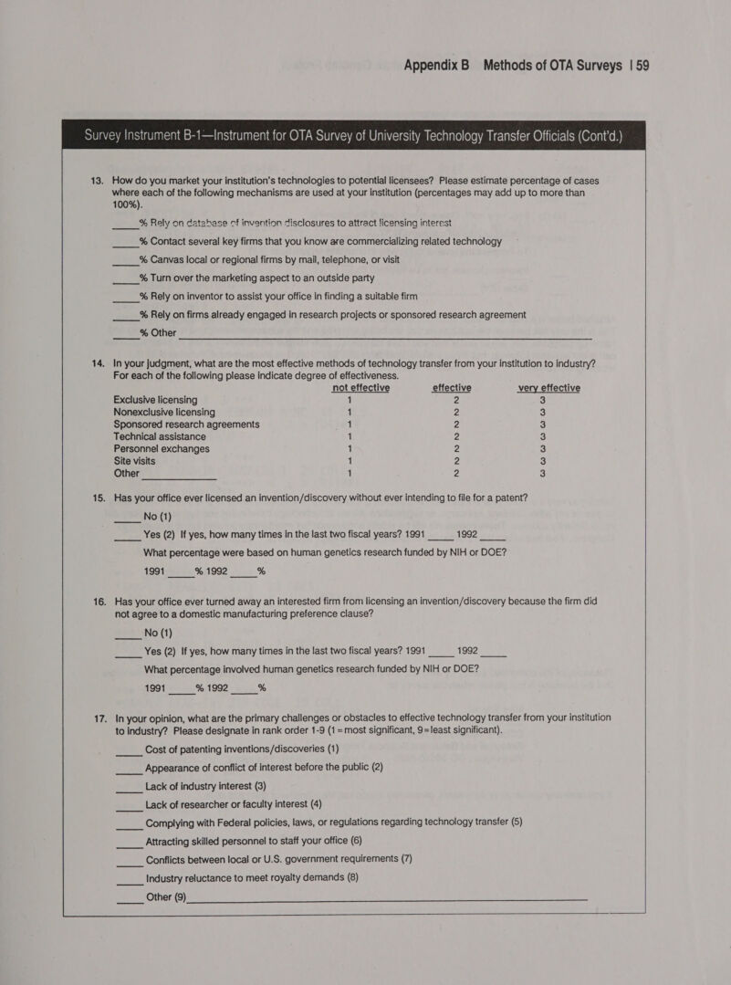   How do you market your institution's technologies to potential licensees? Please estimate percentage of cases where each of the following mechanisms are used at your institution (percentages may add up to more than 100%). % Realy on database of invention disclosures to attract licensing interest  % Contact several key firms that you know are commercializing related technology % Canvas local or regional firms by mail, telephone, or visit % Turn over the marketing aspect to an outside party  % Rely on inventor to assist your office in finding a suitable firm % Rely on firms already engaged in research projects or sponsored research agreement ___% Other In your judgment, what are the most effective methods of technology transfer from your institution to industry? For each of the following please indicate degree of effectiveness. not effective effective very effective Exclusive licensing 1 2 3 Nonexclusive licensing 1 2 3 Sponsored research agreements 1 2 3 Technical assistance 1 2 3 Personnel exchanges 1 2 3 Site visits 1 2 3 Other 1 2 3 Has your office ever licensed an invention/discovery without ever intending to file for a patent? No (1) Yes (2) If yes, how many times in the last two fiscal years? 1991 1992   What percentage were based on human genetics research funded by NIH or DOE? 1991 % 1992 %% Has your office ever turned away an interested firm from licensing an invention/discovery because the firm did not agree to a domestic manufacturing preference clause? No (1) Yes (2) If yes, how many times in the last two fiscal years? 1991 1992 What percentage involved human genetics research funded by NIH or DOE? 1991 % 1992 % In your opinion, what are the primary challenges or obstacles to effective technology transfer from your institution to industry? Please designate in rank order 1-9 (1=most significant, 9=least significant). Cost of patenting inventions/discoveries (1) ______ Appearance of conflict of interest before the public (2) ___ Lack of industry interest (3) ___ Lack of researcher or faculty interest (4) Complying with Federal policies, laws, or regulations regarding technology transfer (5) _____ Attracting skilled personnel to staff your office (6) Conflicts between local or U.S. government requirements (7) _____ Industry reluctance to meet royalty demands (8) ___ Other (9) a ————————————————  