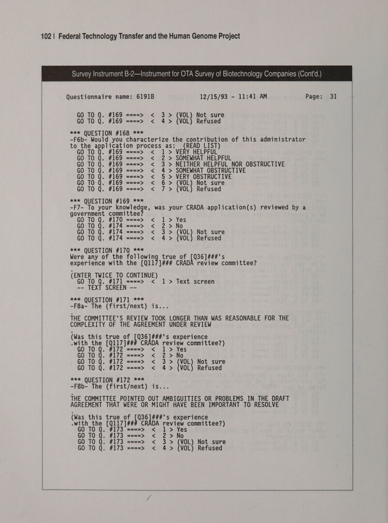  Questionnaire name: 6191B 12/15/93 - 11:41 AM Page: 31 GO TO Q. #169 === GO TO Q. #169 === *k* QUESTION #168 *** -F6b- Would you characterize the contribution of this administrator Sy &lt;3-&gt; {VOL Not sure 4 &gt; (VOL) Refused  to the application process as: vee LIST) GO TO iy #169 ====&gt; &lt; 1 &gt; VERY HELPFUL GO TO Q. #169 ====&gt; &lt; 2 &gt; SOMEWHAT HELPFUL GO TO Q. #169 ====&gt; &lt; 3 &gt; NEITHER HELPFUL NOR OBSTRUCTIVE GO TO Q. #169 ====&gt; &lt; 4 &gt; SOMEWHAT OBSTRUCTIVE GO TO Q. #169 ====&gt; &lt; 5 &gt; VERY OBSTRUCTIVE GO TO Q. #169 ====&gt; &lt; 6&gt; (V Not sure GO TO Q. #169 ====&gt; &lt; 7 &gt; (VOL) Refused *e*k QUESTION #169 *** -F7- To your knowledge, was your CRADA application(s) reviewed by a government committee? GO TO Q. #170 ====&gt; &lt; 1.&gt; Yes GO TO Q. #174 ====&gt; &lt; 2 &gt;No GO TO Q. #174 ====&gt; &lt; 3 &gt; (VOL) Not sure GO TO Q. #174 ====&gt; &lt; 4.&gt; (VOL) Refused *kk QUESTION #170 *** Were any of the Eade true of heal stes experience with the [Q11/]### CRADA review committee? (ENTER TWICE TO CONTINUE) GO TO Q. #171 ====&gt; &lt; 1 &gt; Text screen -- TEXT SCREEN -- exe&gt; QUESTION #17 1eee* -F8a- The (first/next) is... THE COMMITTEE’S REVIEW TOOK LONGER THAN WAS REASONABLE FOR THE COMPLEXITY OF THE AGREEMENT UNDER REVIEW (Was this true of [Q36]###’s experience -with the Oe CRADA review committee?) GO TO Q. #172 &lt;  ====&gt; 1 &gt; Yes GO TO Q. #172 ====&gt; &lt; 2 &gt; No GO TO Q. #172 ====&gt; &lt; 3 &gt; {VOL Not sure GO TO Q. #172 ====&gt; &lt; 4&gt; (VOL) Refused *** QUESTION #172 *** -F8b- The (first/next) is... THE COMMITTEE POINTED OUT AMBIGUITIES OR PROBLEMS IN THE DRAFT AGREEMENT THAT WERE OR MIGHT HAVE BEEN IMPORTANT TO RESOLVE (Was this true of Safle experience -with the rane CRADA review committee?) GO TO Q. #173 =  ====&gt; &lt; 1 &gt; Yes GO TO Q. #173 ====&gt; &lt; 2 &gt; No GO TO Q. #173 ====&gt; &lt; 3 &gt; (VOL) Not sure GO TO Q. #173 ====&gt; &lt; 4&gt; (VOL) Refused