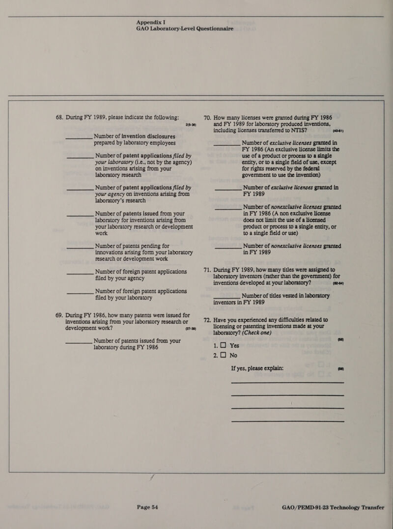 GAO Laboratory-Level Questionnaire work Number of exclusive licenses granted in FY 1986 (An exclusive license limits the use of a product or process to a single entity, or to a single field of use, except for rights reserved by the federal government to use the invention) Number of exclusive licenses granted in FY 1989 Number of nonexclusive licenses granted in FY 1986 (A non exclusive license does not limit the use of a licensed product or process to a single entity, or to a single field or use) Number of nonexclusive licenses granted in FY 1989 development work? 