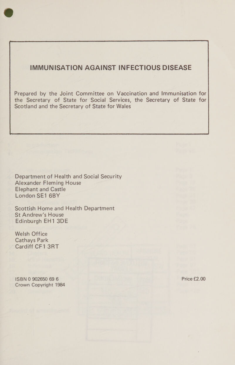  Department of Health and Social Security Alexander Fleming House Elephant and Castle London SE1 6BY Scottish Home and Health Department St Andrew’s House Edinburgh EH1 3DE Welsh Office Cathays Park Cardiff CF1 3RT ISBN 0 902650 69 6 Price £2.00 Crown Copyright 1984