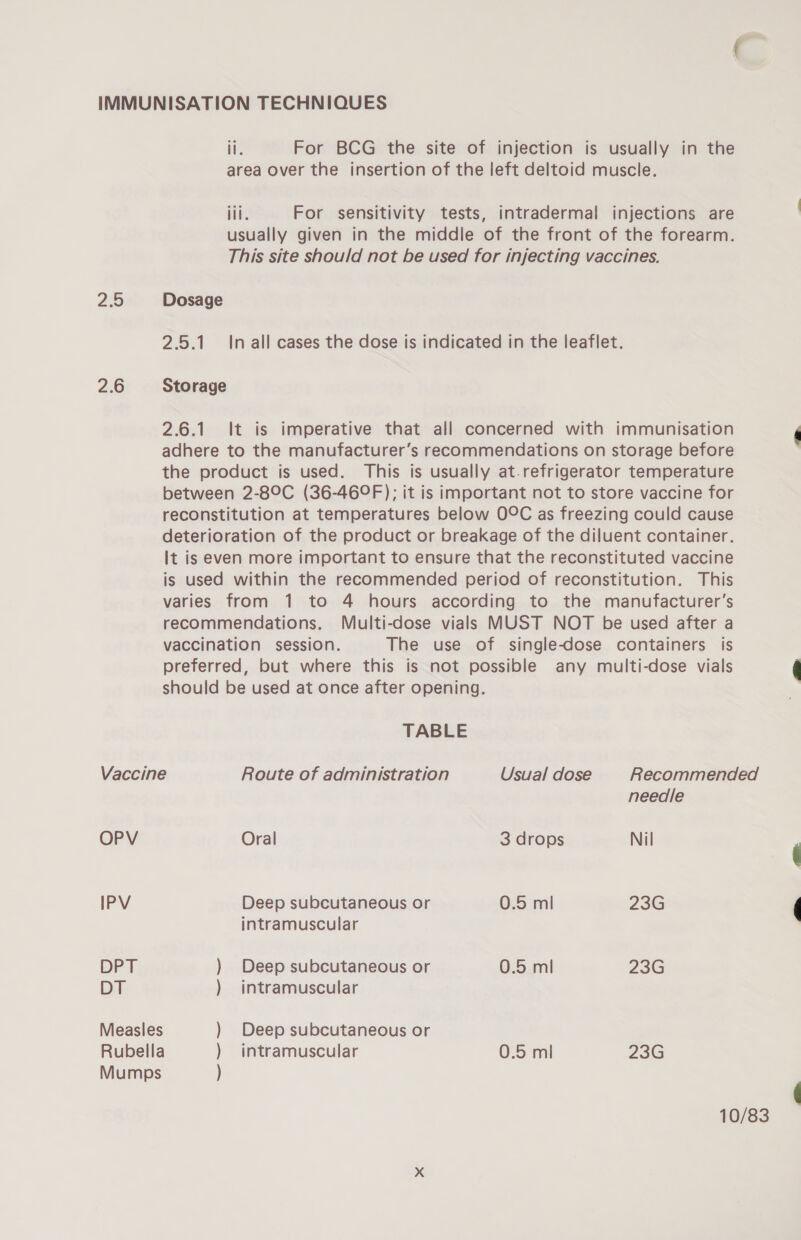 il. For BCG the site of injection is usually in the area over the insertion of the left deltoid muscle. iil. For sensitivity tests, intradermal injections are usually given in the middle of the front of the forearm. This site should not be used for injecting vaccines. 2.5 Dosage 2.5.1. In all cases the dose is indicated in the leaflet. 2.6 Storage 2.6.1. It is imperative that all concerned with immunisation adhere to the manufacturer’s recommendations on storage before the product is used. This is usually at.refrigerator temperature between 2-89C (36-46°F); it is important not to store vaccine for reconstitution at temperatures below OOC as freezing could cause deterioration of the product or breakage of the diluent container. It is even more important to ensure that the reconstituted vaccine is used within the recommended period of reconstitution. This varies from 1 to 4 hours according to the manufacturer’s recommendations. Multi-dose vials MUST NOT be used after a vaccination session. The use of single-dose containers is preferred, but where this is not possible any multi-dose vials should be used at once after opening. TABLE Vaccine Route of administration Usual dose Recommended needle OPV Oral 3 drops Nil IPV Deep subcutaneous or 0.5 ml 23G intramuscular DPT ) Deep subcutaneous or 0.5 ml 23G DT ) intramuscular Measles ) Deep subcutaneous or Rubella ) intramuscular 0.5 ml 23G Mumps ) 10/83