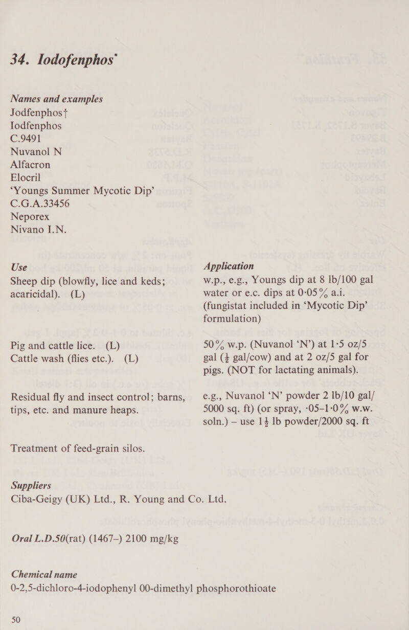 Names and examples Jodfenphos + Iodfenphos C.9491 Nuvanol N Alfacron Elocril “Youngs Summer Mycotic Dip’ C.G.A.33456 Neporex Nivano I.N. Use Sheep dip (blowfly, lice and keds; acaricidal). (L) Pig and cattle lice. (L) Cattle wash (flies etc.). (L) Residual fly and insect control; barns, tips, etc. and manure heaps. Treatment of feed-grain silos. Suppliers Application W.p., e.g., Youngs dip at 8 Ib/100 gal water or e.c. dips at 0:05 % a.1. (fungistat included in ‘Mycotic Dip’ formulation) 50% w.p. (Nuvanol ‘N’) at 1-5 0z/5 gal (4 gal/cow) and at 2 02/5 gal for pigs. (NOT for lactating animals). e.g., Nuvanol ‘N’ powder 2 1b/10 gal/ 5000 sq. ft) (or spray, -05-1:0% w.w. soln.) — use 14 Ib powder/2000 sq. ft Oral L.D.50(rat) (1467-) 2100 mg/kg Chemical name 50