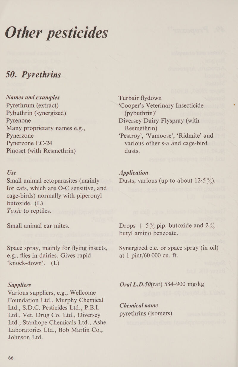 Names and examples Pyrethrum (extract) Pybuthrin (synergized) Pyrenone Many proprietary names e.g., Pynerzone Pynerzone EC-24 Pinoset (with Resmethrin) Use Small animal ectoparasites (mainly for cats, which are O-C sensitive, and cage-birds) normally with piperonyl butoxide. (L) Toxic to reptiles. Small animal ear mites. Space spray, mainly for flying insects, e.g., flies in dairies. Gives rapid ‘knock-down’. (L) Suppliers Various suppliers, e.g., Wellcome Foundation Ltd., Murphy Chemical Ltd., S.D.C. Pesticides Ltd... P.B.I. Ltd., Vet. Drug Co. Ltd., Diversey Ltd., Stanhope Chemicals Ltd., Ashe Laboratories Ltd., Bob Martin Co., Johnson Ltd. 66 Turbair flydown ‘Cooper’s Veterinary Insecticide (pybuthrin)’ Diversey Dairy Flyspray (with Resmethrin) ‘Pestroy’, ‘Vamoose’, ‘Ridmite’ and various other s-a and cage-bird dusts. Application Dusts, various (up to about 12-5%). Drops + 5% pip. butoxide and 2% butyl amino benzoate. Synergized e.c. or space spray (in oil) at 1 pint/60 000 cu. ft. Oral L.D.50(rat) 584-900 mg/kg Chemical name pyrethrins (isomers)