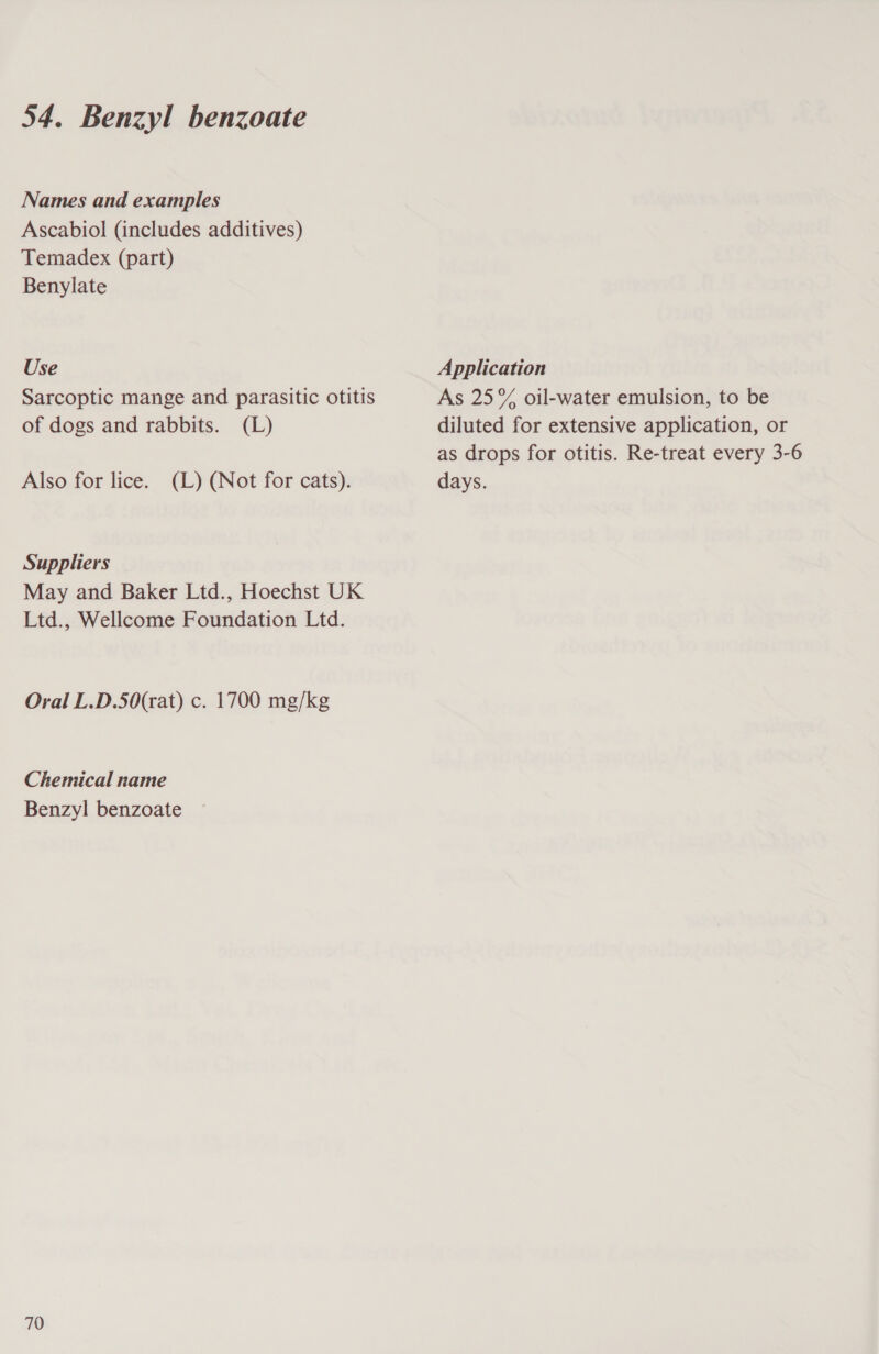 Names and examples Ascabiol (includes additives) Temadex (part) Benylate Use Sarcoptic mange and parasitic otitis of dogs and rabbits. (L) Also for lice. (L) (Not for cats). Suppliers May and Baker Ltd., Hoechst UK Ltd., Wellcome Foundation Ltd. Oral L.D.50(rat) c. 1700 mg/kg Chemical name Benzyl benzoate 70 Application As 25% oil-water emulsion, to be diluted for extensive application, or as drops for otitis. Re-treat every 3-6 days.