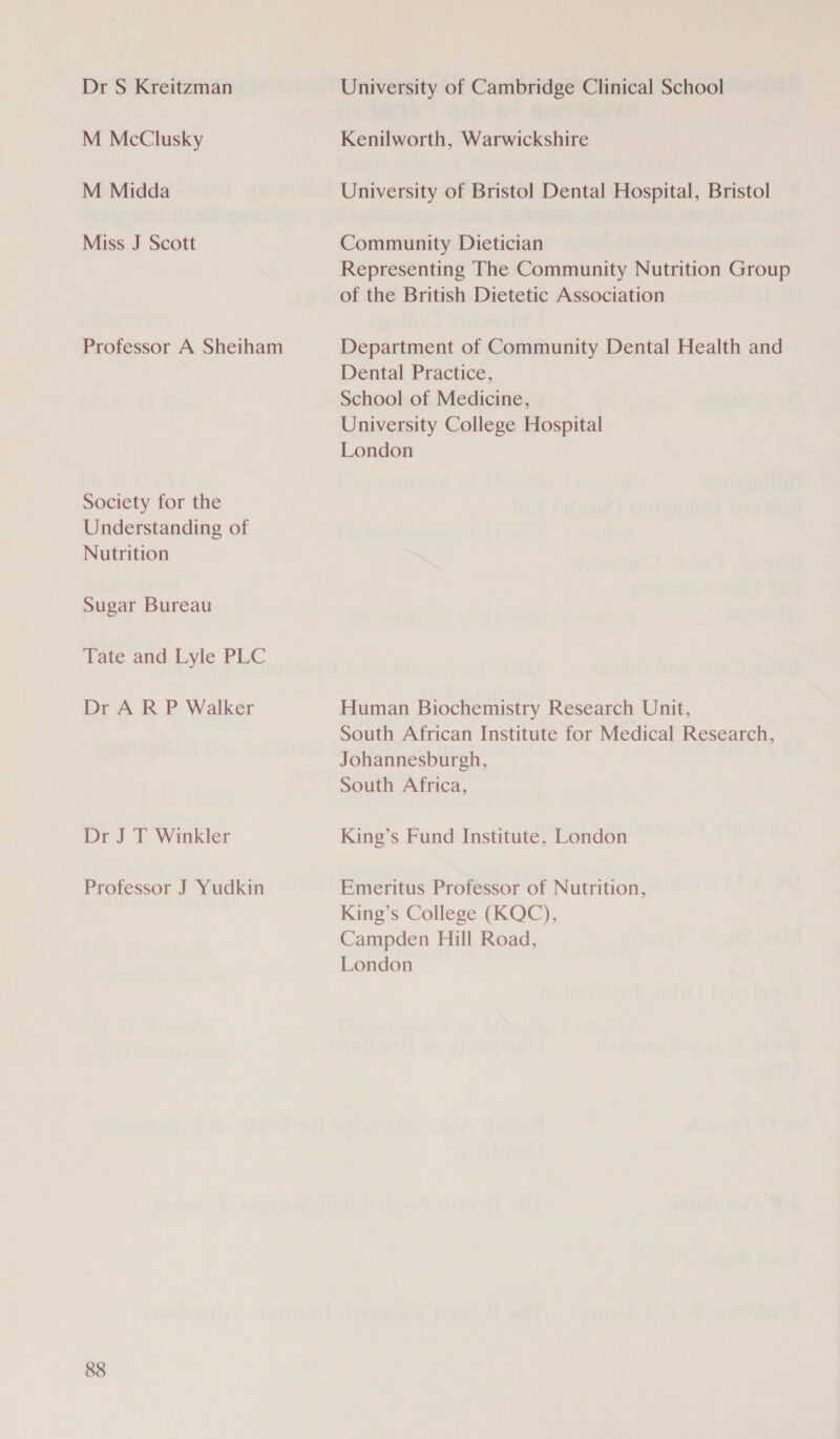 Dr S Kreitzman M McClusky M Midda Miss J Scott Professor A Sheiham Society for the Understanding of Nutrition Sugar Bureau Yate and. Lyle PLC Dr A R P Walker Dr J T Winkler Professor J Yudkin 88 University of Cambridge Clinical School Kenilworth, Warwickshire University of Bristol Dental Hospital, Bristol Community Dietician Representing The Community Nutrition Group of the British Dietetic Association Department of Community Dental Health and Dental Practice, School of Medicine, University College Hospital London Human Biochemistry Research Unit, South African Institute for Medical Research, Johannesburgh, South Africa, King’s Fund Institute, London Emeritus Professor of Nutrition, King’s College (KQC), Campden Hill Road, London