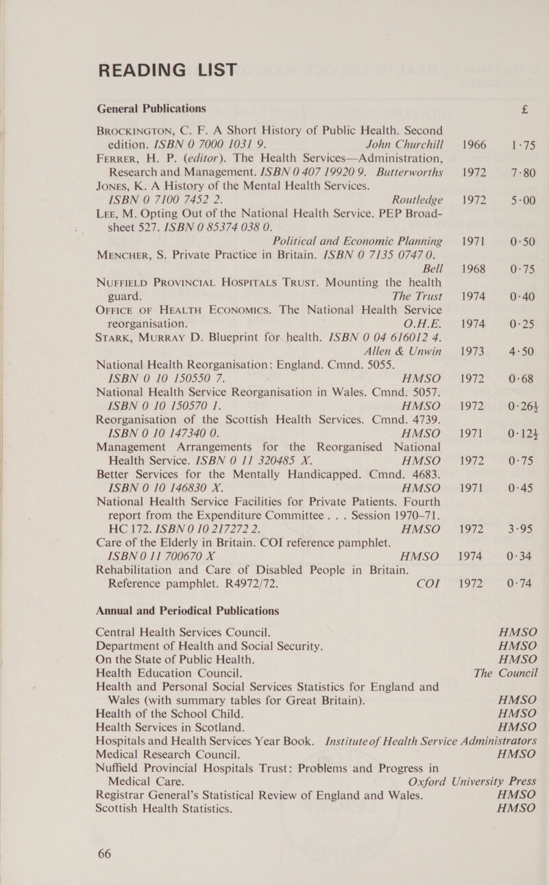  READING LIST General Publications ¢ BROCKINGTON, C. F. A Short History of Public Health. Second edition. [SBN 0 7000 1031 9. John Churchill 1966 i735 FERRER, H. P. (editor). The Health Services—Administration, Research and Management. JS BN 0 407 199209. Butterworths 1972 7:80 JONES, K. A History of the Mental Health Services. ISBN 0 7100 7452 2. Routledge 1972 5-00 Lee, M. Opting Out of the National Health Service. PEP Broad- sheet 527. ISBN 0 85374 038 0. Political and Economic Planning — 1971 0-50 MENCHER, S. Private Practice in Britain. [SBN 0 7135 0747 0. Bell 1968 0°75 NUFFIELD PROVINCIAL HospiTALs Trust. Mounting the health guard. The Trust 1974 0-40 OFFICE OF HEALTH Economics. The National Health Service reorganisation. OF Ft 1994 0-25 STARK, MurrAy D. Blueprint for health. ISBN 0 04 616012 4. Allen &amp; Unwin — 1973 4-50 National Health Reorganisation: England. Cmnd. 5055S. ISBN’O 10 150550 7. HMSO — 1972 0:68 National Health Service Reorganisation in Wales. Cmnd. 5057. ISBN 0 10 150570 1. HMSO — 1972 0-264 Reorganisation of the Scottish Health Services. Cmnd. 4739. ISBN 0 10 147340 0. HMSO _ 1971 Q-124 Management Arrangements for the Reorganised National Health Service. ISBN 0 II 320485 X. HMSO 1972 O-73 Better Services for the Mentally Handicapped. Cmnd. 4683. ISBN 0 10 146830 X. HMSO 1971 0:45 National Health Service Facilities for Private Patients. Fourth report from the Expenditure Committee . . . Session 1970-71. HC 172. ISBN 0 10 217272 2. HMSO —1972 3-95 Care of the Elderly in Britain. COI reference pamphlet. ISBN 0 II 700670 X HMSO — 1974 0-34 Rehabilitation and Care of Disabled People in Britain. Reference pamphlet. R4972/72. COT” T97Z 0-74 Annual and Periodical Publications Central Health Services Council. HMSO Department of Health and Social Security. HMSO On the State of Public Health. HMSO Health Education Council. The Council Health and Personal Social Services Statistics for England and Wales (with summary tables for Great Britain). HMSO Health of the School Child. HMSO Health Services in Scotland. HMSO Hospitals and Health Services Year Book. Jnstituteof Health Service Administrators Medical Research Council. HMSO Nuffield Provincial Hospitals Trust: Problems and Progress in Medical Care. Oxford University Press Registrar General’s Statistical Review of England and Wales. HMSO Scottish Health Statistics. HMSO