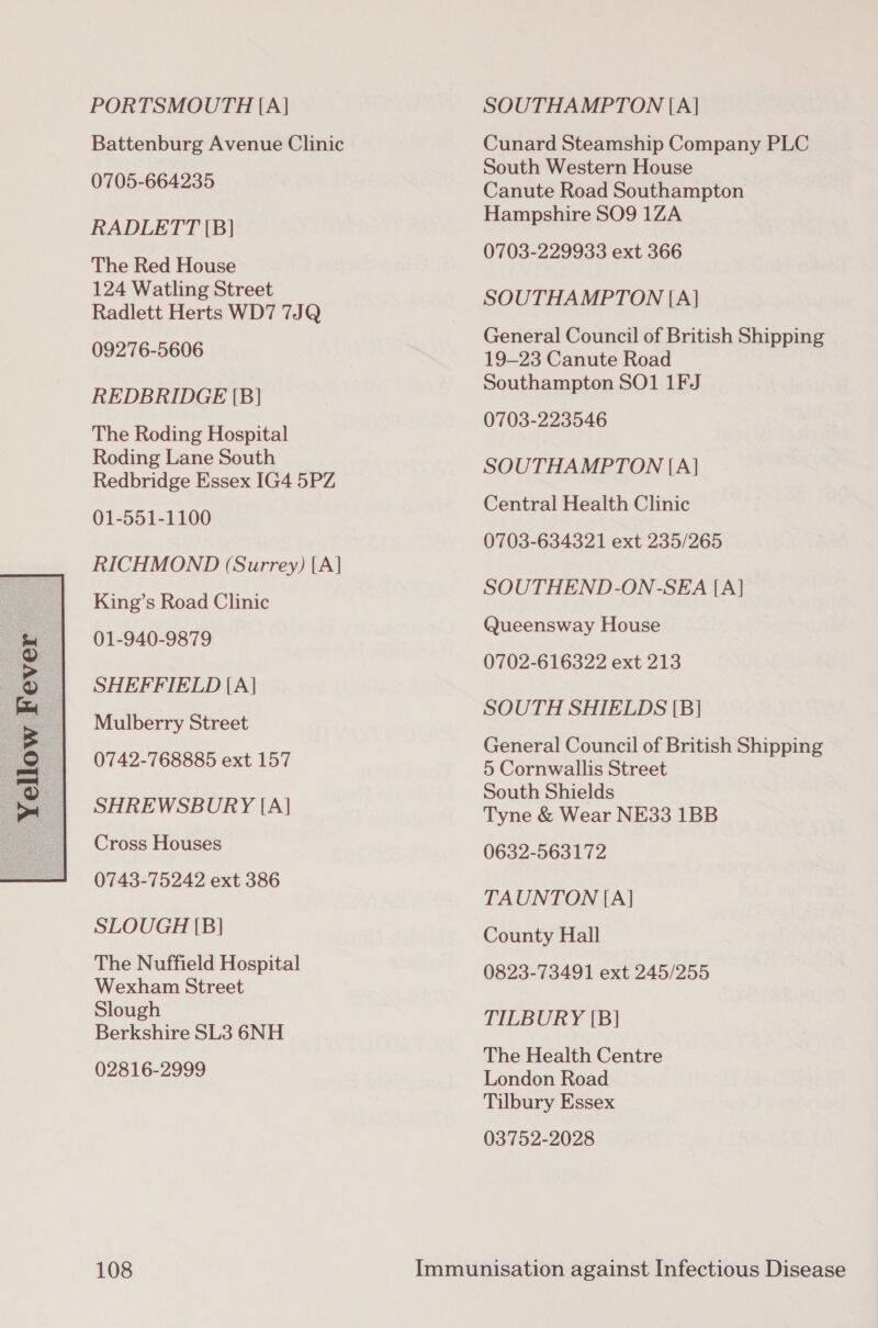  Battenburg Avenue Clinic 0705-664235 RADLETT [B] The Red House 124 Watling Street Radlett Herts WD7 7JQ 09276-5606 REDBRIDGE [B] The Roding Hospital Roding Lane South Redbridge Essex IG4 5PZ 01-551-1100 RICHMOND (Surrey) [A] King’s Road Clinic 01-940-9879 Mulberry Street 0742-768885 ext 157 SHREWSBURY [A] Cross Houses 0743-75242 ext 386 SLOUGH [B] The Nuffield Hospital Wexham Street Slough Berkshire SL3 6NH 02816-2999 108 Cunard Steamship Company PLC South Western House Canute Road Southampton Hampshire SO9 1ZA 0703-229933 ext 366 SOUTHAMPTON [A] General Council of British Shipping 19-23 Canute Road Southampton SO1 1FJ 0703-223546 SOUTHAMPTON [A] Central Health Clinic 0703-634321 ext 235/265 SOUTHEND-ON-SEA [A] Queensway House 0702-616322 ext 213 SOUTH SHIELDS [B] General Council of British Shipping 5 Cornwallis Street South Shields Tyne &amp; Wear NE33 1BB 0632-563172 TAUNTON [A] County Hall 0823-73491 ext 245/255 TILBURY [B] The Health Centre London Road Tilbury Essex 03752-2028