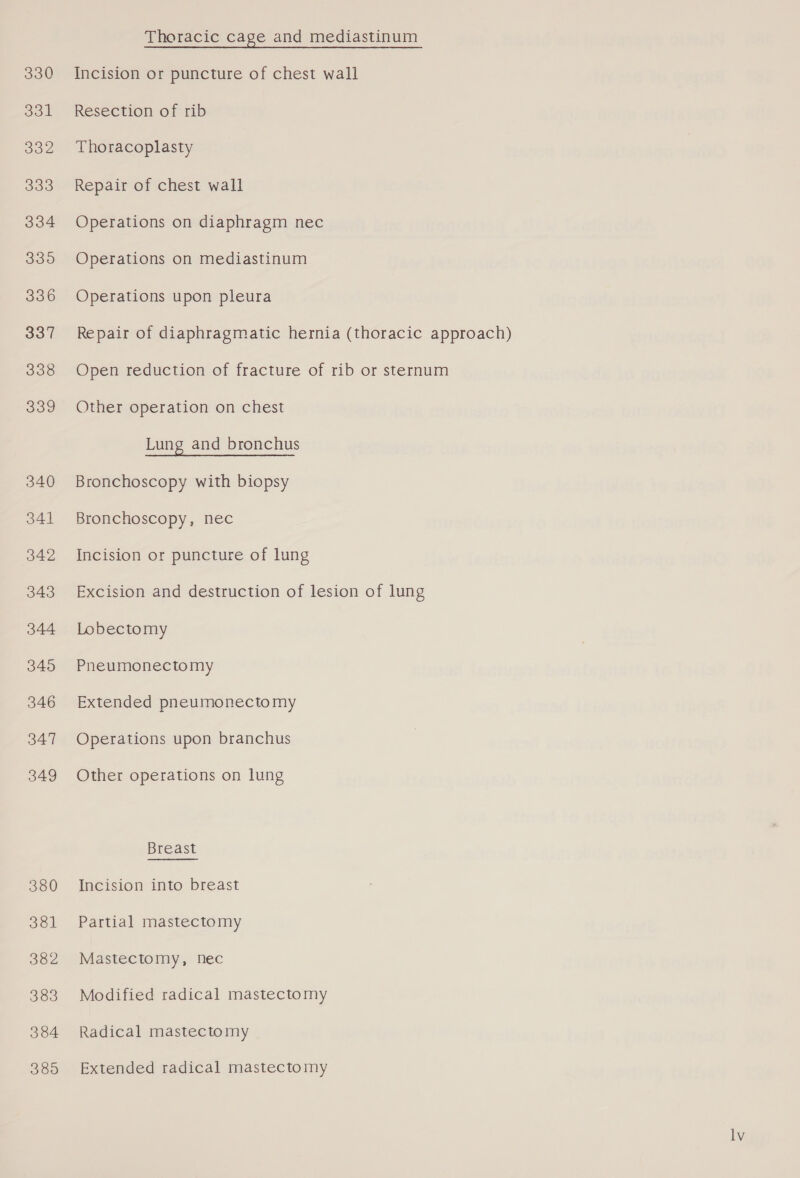 330 331 332 340 341 342 343 344 345 346 347 349 380 381 382 383 384 3895 Thoracic cage and mediastinum Incision or puncture of chest wall Resection of rib Thoracoplasty Repair of chest wall Operations on diaphragm nec Operations on mediastinum Operations upon pleura Repair of diaphragmatic hernia (thoracic approach) Open reduction of fracture of rib or sternum Other operation on chest Lung and bronchus Bronchoscopy with biopsy Bronchoscopy, nec Incision or puncture of lung Excision and destruction of lesion of lung Lobectomy Pneumonectomy Extended pneumonectomy Operations upon branchus Other operations on lung Breast Incision into breast Partial mastectomy Mastectomy, nec Modified radical mastectomy Radical mastectomy Extended radical mastectomy