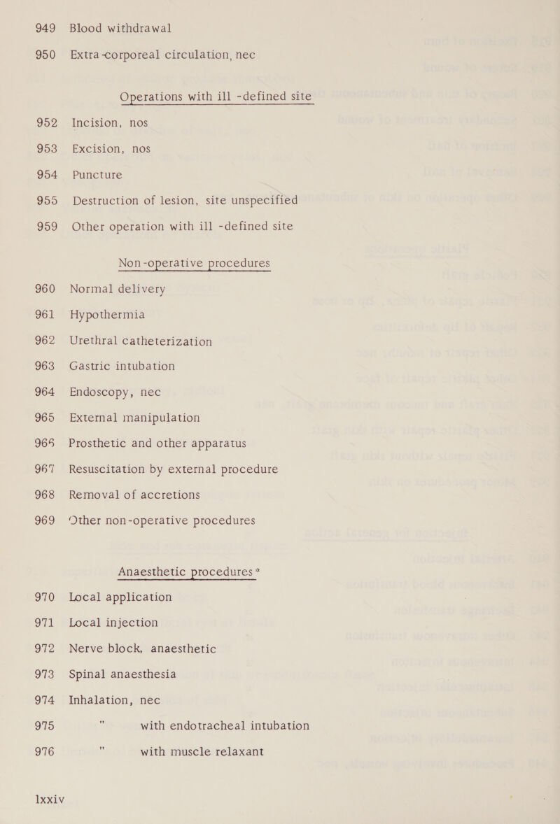 949 950 960 961 962 963 964 965 965 967 968 969 370 ot 972 973 974 975 976 1xxiv Blood withdrawal Extra corporeal circulation, nec Operations with ill -defined site Incision, nos Excision, nos Puncture Destruction of lesion, site unspecified Other operation with ill -defined site Non -operative procedures Normal delivery Hypothermia Urethral catheterization Gastric intubation Endoscopy, nec External manipulation Prosthetic and other apparatus Resuscitation by external procedure Removal of accretions Other non-operative procedures Anaesthetic procedures * Local application Local injection Nerve block, anaesthetic Spinal anaesthesia Inhalation, nec with endotracheal intubation with muscle relaxant