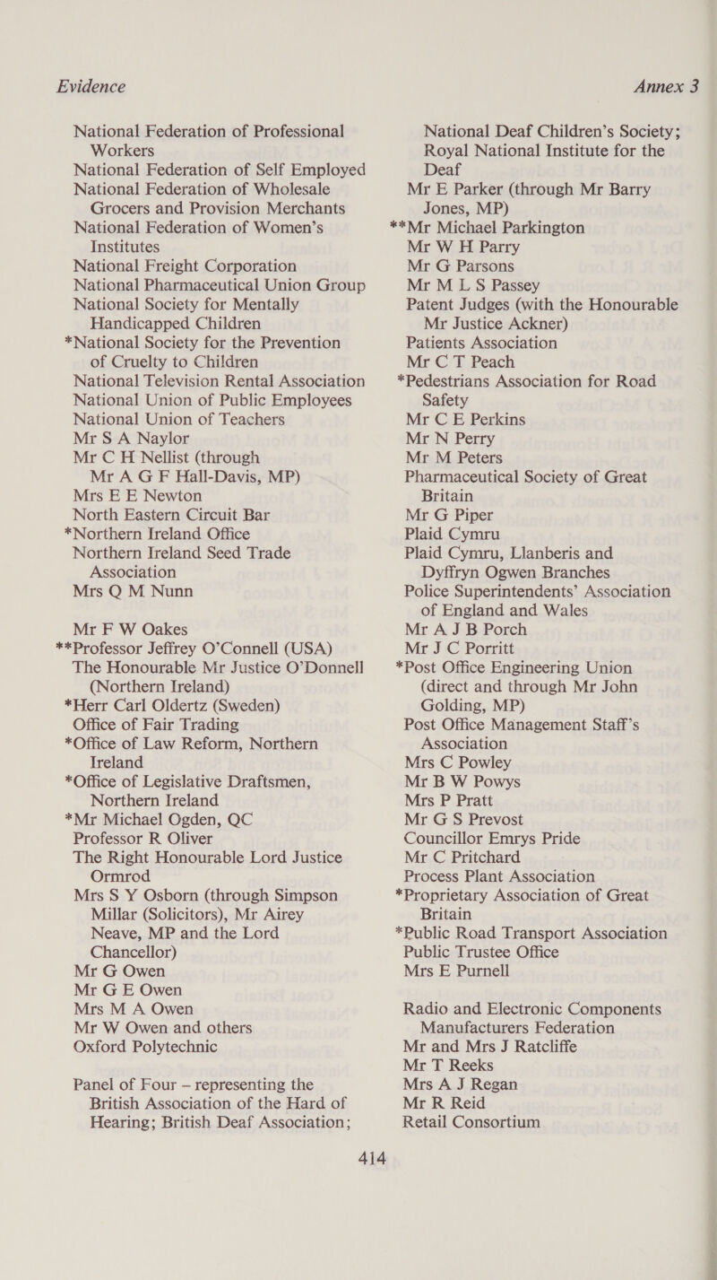 National Federation of Professional Workers National Federation of Self Employed National Federation of Wholesale Grocers and Provision Merchants National Federation of Women’s Institutes National Freight Corporation National Pharmaceutical Union Group National Society for Mentally Handicapped Children *National Society for the Prevention of Cruelty to Children National Television Rental Association National Union of Public Employees National Union of Teachers Mr SA Naylor Mr C H Nellist (through Mr A G F Hall-Davis, MP) Mrs E E Newton North Eastern Circuit Bar *Northern Ireland Office Northern Ireland Seed Trade Association Mrs Q M Nunn Mr F W Oakes **Professor Jeffrey O’Connell (USA) The Honourable Mr Justice O’Donnell (Northern Ireland) *Herr Carl Oldertz (Sweden) Office of Fair Trading *Office of Law Reform, Northern Ireland *Office of Legislative Draftsmen, Northern Ireland *Mr Michael Ogden, QC Professor R Oliver The Right Honourable Lord Justice Ormrod Mrs S Y Osborn (through Simpson Millar (Solicitors), Mr Airey Neave, MP and the Lord Chancellor) Mr G Owen Mr G E Owen Mrs M A Owen Mr W Owen and others Oxford Polytechnic Panel of Four — representing the British Association of the Hard of Hearing; British Deaf Association; National Deaf Children’s Society; Royal National Institute for the Deaf Mr E Parker (through Mr Barry Jones, MP) ** Mr Michael Parkington Mr W H Parry Mr G Parsons Mr M LS Passey Patent Judges (with the Honourable Mr Justice Ackner) Patients Association Mr C T Peach *Pedestrians Association for Road Safety Mr C E Perkins Mr N Perry Mr M Peters Pharmaceutical Society of Great Britain Mr G Piper Plaid Cymru Plaid Cymru, Llanberis and Dyffryn Ogwen Branches Police Superintendents’ Association of England and Wales Mr A JB Porch Mr J C Porritt *Post Office Engineering Union (direct and through Mr John Golding, MP) Post Office Management Staff’s Association Mrs C Powley Mr B W Powys Mrs P Pratt Mr G S Prevost Councillor Emrys Pride Mr C Pritchard Process Plant Association *Proprietary Association of Great Britain *Public Road Transport Association Public Trustee Office Mrs E Purnell Radio and Electronic Components Manufacturers Federation Mr and Mrs J Ratcliffe Mr T Reeks Mrs A J Regan Mr R Reid Retail Consortium