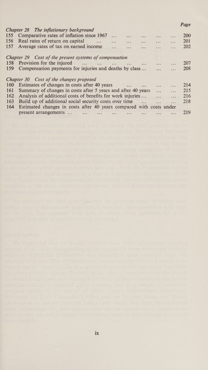 Page Chapter 28 The inflationary background 155 Comparative rates of inflation since 1967 ... ane es hak ten 200 156 Real rates of return on capital ie ie ac &lt; me wwe 20l 157 Average rates of tax on earned income an me: Be ee wa 202 Chapter 29 Cost of the present systems of compensation 158 Provision for the injured a aie ae OT. 159 Compensation payments for injuries ‘and deaths by class .. ees au 208 Chapter 30 Cost of the changes proposed 160 Estimates of changes in costs after 40 years re aon a ada 161 Summary of changes in costs after 5 years and after 40 years ne re MS 162 Analysis of additional costs of benefits for work injuries . se cats 240 163 Build up of additional social security costs over time os 218 164 Estimated changes in costs after 40 years compared with costs under present arrangements ... oe mish ri aa ey sie ieee 1X