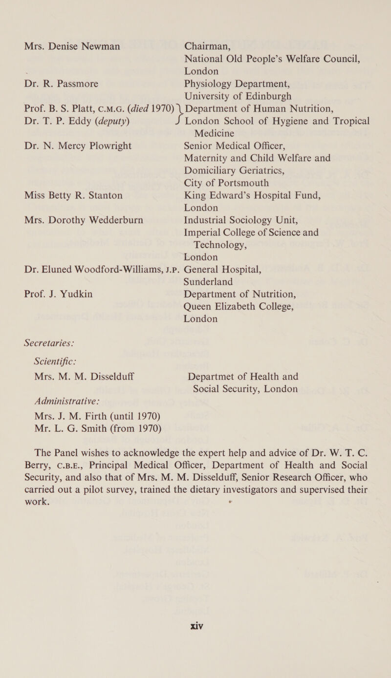 Mrs. Denise Newman Dr. R. Passmore Chairman, National Old People’s Welfare Council, London Physiology Department, University of Edinburgh Dr. T. P. Eddy (deputy) Dr. N. Mercy Plowright Miss Betty R. Stanton Mrs. Dorothy Wedderburn Dr. Eluned Woodford-Williams, J.P. Prof. J. Yudkin Secretaries: Scientific: Mrs. M. M. Disselduff Administrative: Mrs. J. M. Firth (until 1970) Mr. L. G. Smith (from 1970) Medicine Senior Medical Officer, Maternity and Child Welfare and Domiciliary Geriatrics, City of Portsmouth King Edward’s Hospital Fund, London Industrial Sociology Unit, Imperial College of Science and Technology, London General Hospital, Sunderland Department of Nutrition, Queen Elizabeth College, London Departmet of Health and Social Security, London work.