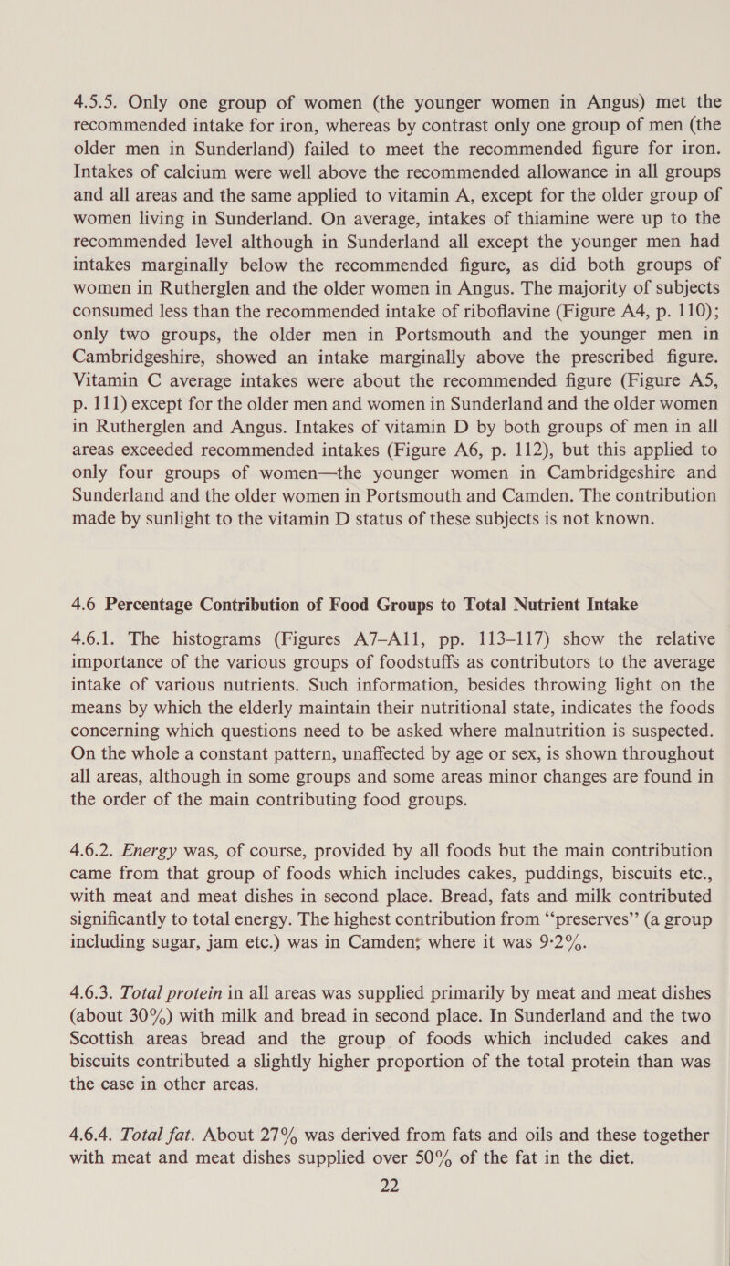 4.5.5. Only one group of women (the younger women in Angus) met the recommended intake for iron, whereas by contrast only one group of men (the older men in Sunderland) failed to meet the recommended figure for iron. Intakes of calcium were well above the recommended allowance in all groups and all areas and the same applied to vitamin A, except for the older group of women living in Sunderland. On average, intakes of thiamine were up to the recommended level although in Sunderland all except the younger men had intakes marginally below the recommended figure, as did both groups of women in Rutherglen and the older women in Angus. The majority of subjects consumed less than the recommended intake of riboflavine (Figure A4, p. 110); only two groups, the older men in Portsmouth and the younger men in Cambridgeshire, showed an intake marginally above the prescribed figure. Vitamin C average intakes were about the recommended figure (Figure AS, p. 111) except for the older men and women in Sunderland and the older women in Rutherglen and Angus. Intakes of vitamin D by both groups of men in all areas exceeded recommended intakes (Figure A6, p. 112), but this applied to only four groups of women—the younger women in Cambridgeshire and Sunderland and the older women in Portsmouth and Camden. The contribution made by sunlight to the vitamin D status of these subjects is not known. 4.6 Percentage Contribution of Food Groups to Total Nutrient Intake 4.6.1. The histograms (Figures A7—All, pp. 113-117) show the relative importance of the various groups of foodstuffs as contributors to the average intake of various nutrients. Such information, besides throwing light on the means by which the elderly maintain their nutritional state, indicates the foods concerning which questions need to be asked where malnutrition is suspected. On the whole a constant pattern, unaffected by age or sex, is shown throughout all areas, although in some groups and some areas minor changes are found in the order of the main contributing food groups. 4.6.2. Energy was, of course, provided by all foods but the main contribution came from that group of foods which includes cakes, puddings, biscuits etc., with meat and meat dishes in second place. Bread, fats and milk contributed significantly to total energy. The highest contribution from “‘preserves’’ (a group including sugar, jam etc.) was in Camden; where it was 9-2%. 4.6.3. Total protein in all areas was supplied primarily by meat and meat dishes (about 30%) with milk and bread in second place. In Sunderland and the two Scottish areas bread and the group of foods which included cakes and biscuits contributed a slightly higher proportion of the total protein than was the case in other areas. 4.6.4. Total fat. About 27% was derived from fats and oils and these together with meat and meat dishes supplied over 50° of the fat in the diet.