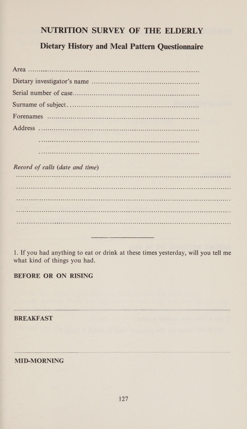 NUTRITION SURVEY OF THE ELDERLY Dietary History and Meal Pattern Questionnaire eee eee SS Seeeeeseeseeeeeeeeee SO Sesesreesreseeeeseeseeeseeeeeeeesreseosereeesereoeeeeeeese Dietary investigator’s name ee eres eeeer eee eeeeeeseesreeeeeeeaeeoeeHeeeeeeeeosesoeees Sela Wnd COA CE Gc como bs 5 Sars sos elevates sh oats apiece tae Weearca DT TNAMIC OF SUIDICCY, Sse 2 sien Slice oes Sedna tidied enobua eases below con tee ee Forenames Address . eeoeeeeeeeoeseeeeeeeeee eee eeeoee ee eeeseeeeHeDeeeeeereeeeeeeCeeeseeeEeeesEeseoeE ee eoeeereeeeeeeeeeeeerereeeeeeeseeeeeeseeeeeeETeHOTETESEE SHES ESOS HHO EEO EHO SEO EEE eee eeeeeeeseeeeeeeeeeeeeeeeeeee ee Eee SCZeEFeLTeEeeeeSo OEE EHH HEE EOE HOES OBE HAE OCCT EOE eo eeeeeeseeoeseeeereeseerereosreesre ee esses ereeeereeeoeeoZeeeesreEse CHEESE ELE eEoS OSES ESE O OE See eee e sere essere eee eee eseeeeeeeee ee eEeH Oe ET EEHEEE EES EEE EEEEH HEE OE HOH OTE EHH OE OEE OOH EEOC OEE ESE HES ET OH ESOC HE CoC Cee Hee ee SHEE DoE SSO EHH EOE HHO HESS HOHE SH SESE EHO TE OHHH HEHEHE O SOE EHEC HOES EHH OTC EE EEO EEE EE EO EEE DOSE REDE SOSH SESH ES HEC SEO HEE SHH SEE OHH HOHE HESE ESOS SHE SEES ESE HOHE OSHC OES EO OE HEHEHE HET OEE SOHO OREO E EEE OOO EO EES SCHSCH SCH E THEE EE EH SESE HEE HEE SE TH HHE HSE RES EEHE HE SESH SESE HOR SOE HHO EEO O HOES L ESOC ED ETE EOE EHO ET ESE SO OES Peo eee eoeee ee eeeeeT OSS FFeFFZeeeeseHFeeFeeSSESeTEFSE ESSE ST EHEHESHHHHOHSHEHHEH OHHH HOST OSE SESH OL HE OOOH E CEO HEHE OH EO LE®S 1. If you had anything to eat or drink at these times yesterday, will you tell me what kind of things you had. BEFORE OR ON RISING BREAKFAST MID-MORNING b27