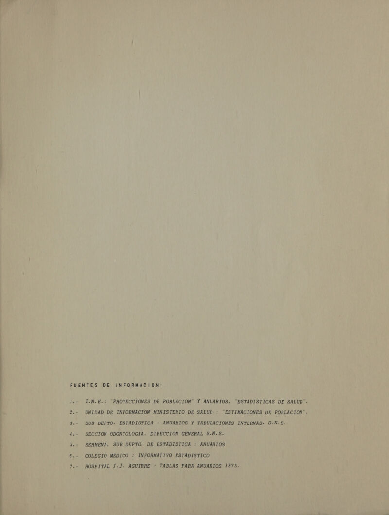 FUENTES DE ¡NFORMAC¡ON: l.- I.N.E.: “PROYECCIONES DE POBLACION” Y ANUARIOS. “ESTADISTICAS DE SALUD”. 2.- UNIDAD DE INFORMACION MINISTERIO DE SALUD : “ESTIMACIONES DE POBLACION”. 3.- SUB DEPTO. ESTADISTICA : ANUARIOS Y TABULACIONES INTERNAS. S.N.S. 4.- SECCION ODONTOLOGIA. DIRECCION GENERAL S.N.S. 5.- SERMENA. SUB DEPTO. DE ESTADISTICA : ANUARIOS 6.- COLEGIO MEDICO : INFORMATIVO ESTADISTICO 7.- HOSPITAL J.J. AGUIRRE : TABLAS PARA ANUARIOS 1975.