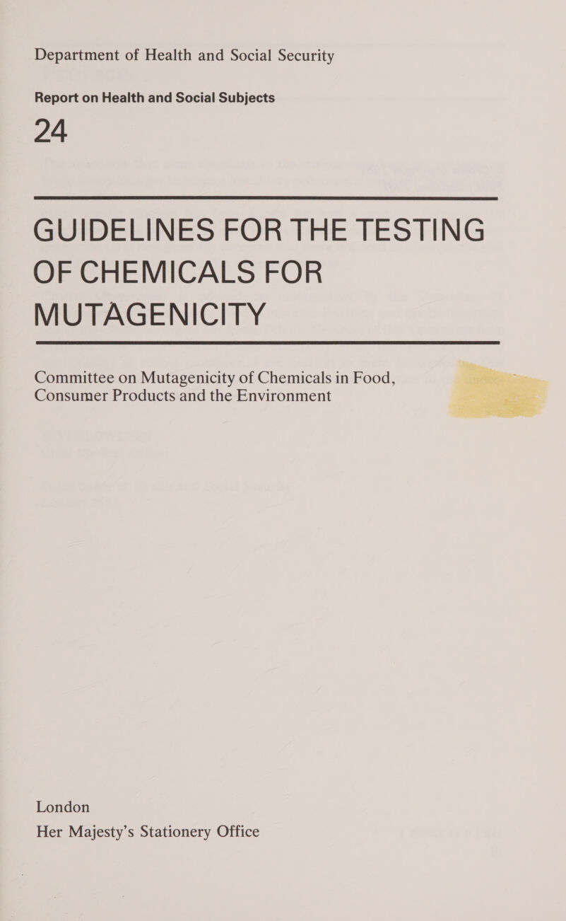 Report on Health and Social Subjects 24 GUIDELINES FOR THE TESTING OF CHEMICALS FOR MUTAGENICITY Committee on Mutagenicity of Chemicals in Food, | sel pic: Consumer Products and the Environment 7  London Her Majesty’s Stationery Office