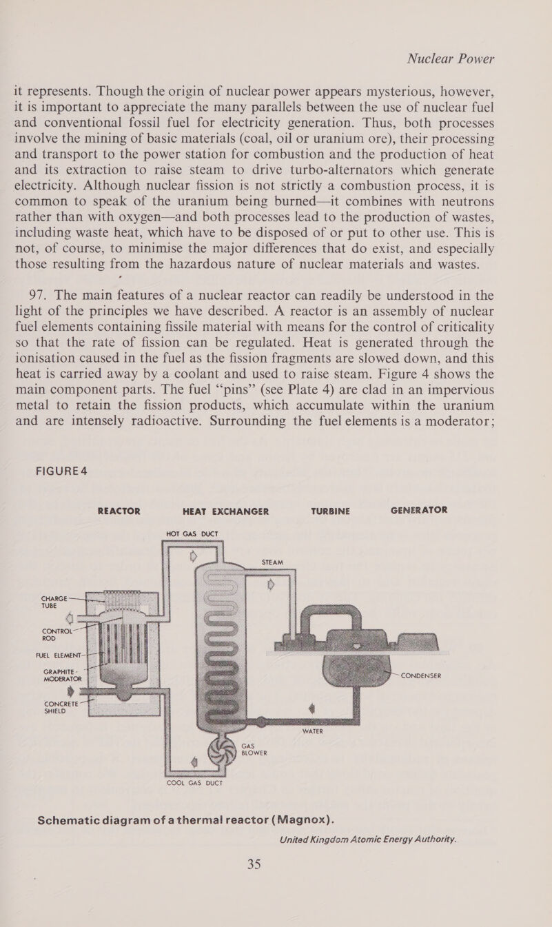 it represents. Though the origin of nuclear power appears mysterious, however, it is important to appreciate the many parallels between the use of nuclear fuel and conventional fossil fuel for electricity generation. Thus, both processes involve the mining of basic materials (coal, oil or uranium ore), their processing and transport to the power station for combustion and the production of heat and its extraction to raise steam to drive turbo-alternators which generate electricity. Although nuclear fission is not strictly a combustion process, it is common to speak of the uranium being burned—it combines with neutrons rather than with oxygen—and both processes lead to the production of wastes, including waste heat, which have to be disposed of or put to other use. This is not, of course, to minimise the major differences that do exist, and especially those resulting from the hazardous nature of nuclear materials and wastes. 97. The main features of a nuclear reactor can readily be understood in the light of the principles we have described. A reactor is an assembly of nuclear fuel elements containing fissile material with means for the control of criticality so that the rate of fission can be regulated. Heat is generated through the ionisation caused in the fuel as the fission fragments are slowed down, and this heat is carried away by a coolant and used to raise steam. Figure 4 shows the main component parts. The fuel “‘pins” (see Plate 4) are clad in an impervious metal to retain the fission products, which accumulate within the uranium and are intensely radioactive. Surrounding the fuel elements is a moderator; FIGURE 4 REACTOR HEAT EXCHANGER TURBINE GENERATOR   GRAPHITE - MODERATOR &gt; CONCRETE SHIELD CONDENSER GAS BLOWER Schematic diagram of a thermal reactor (Magnox). United Kingdom Atomic Energy Authority. 5)