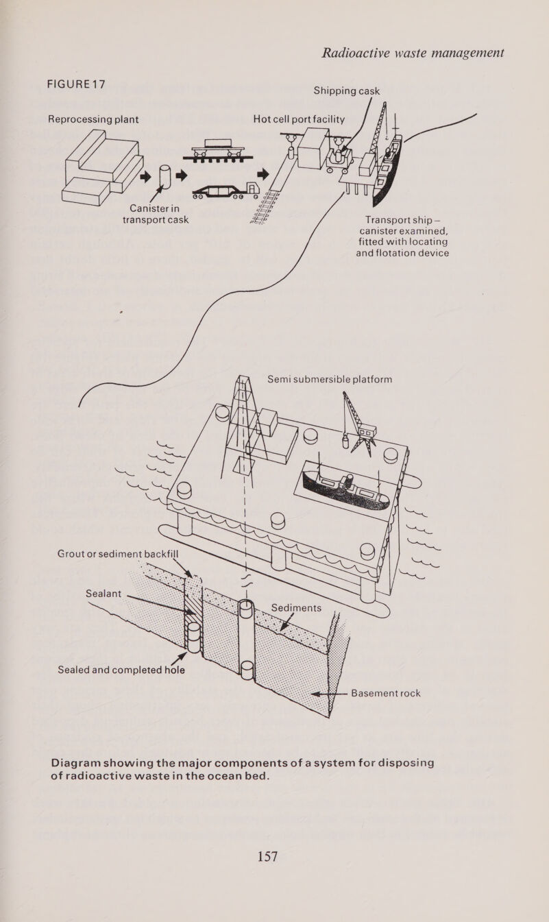 FIGURE 7 Shipping cask        Reprocessing plant Hot cell port facility Canisterin transport cask Transport ship — canister examined, fitted with locating and flotation device Sealant : Sediments Sealed and completed hole — Basement rock Diagram showing the major components of a system for disposing of radioactive waste in the ocean bed.