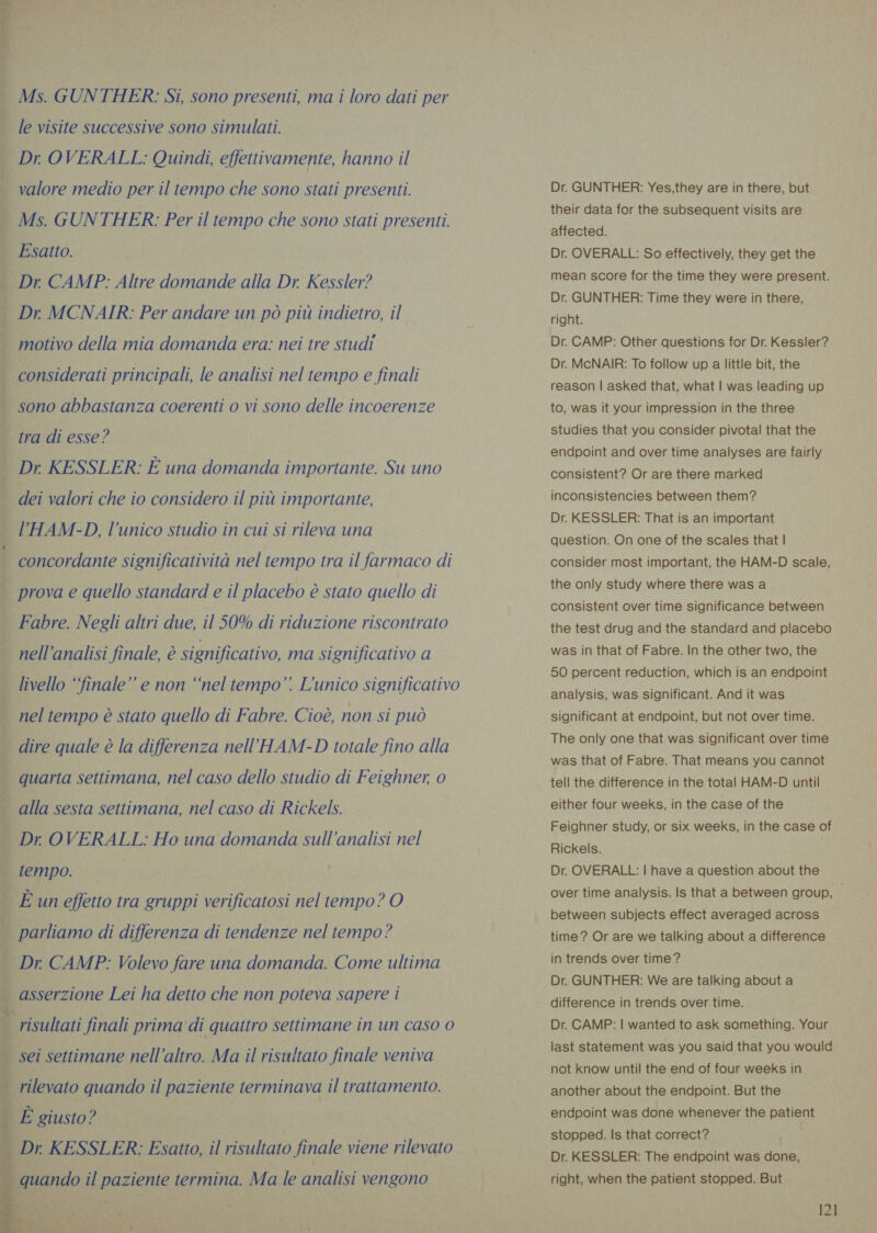 — Ms. GUNTHER: Si, sono presenti, ma i loro dati per le visite successive sono simulati. Dr. OVERALL: Quindi, effettivamente, hanno il valore medio per il tempo che sono stati presenti. Ms. GUNTHER: Per il tempo che sono stati presenti. Esatto. Dr. CAMP: Altre domande alla Dr. Kessler? motivo della mia domanda era: nei tre studi considerati principali, le analisi nel tempo e finali tra di esse? Dr. KESSLER: È una domanda importante. Su uno dei valori che io considero il più importante, l'HAM-D, l’unico studio in cui si rileva una concordante significatività nel tempo tra il farmaco di Fabre. Negli altri due, il 50% di riduzione riscontrato nell'analisi finale, è significativo, ma significativo a livello ‘finale’ e non “nel tempo”. L'unico significativo nel tempo è stato quello di Fabre. Cioè, non si può quarta settimana, nel caso dello studio di Feighner, o alla sesta settimana, nel caso di Rickels. Dr OVERALL: Ho una domanda sull’analisi nel tempo. È un effetto tra gruppi verificatosi nel tempo? O parliamo di differenza di tendenze nel tempo? Dr, CAMP: Volevo fare una domanda. Come ultima asserzione Lei ha detto che non poteva sapere i risultati finali prima di quattro settimane in un caso 0 sei settimane nell’altro. Ma il risultato finale veniva rilevato quando il paziente terminava il trattamento.  quando il paziente termina. Ma le analisi vengono b sf,” a Dr. GUNTHER: Yes,they are in there, but their data for the subsequent visits are affected. Dr. OVERALL: So effectively, they get the mean score for the time they were present. Dr. GUNTHER: Time they were in there, right. Dr. CAMP: Other questions for Dr. Kessler? Dr. MCNAIR: To follow up a little bit, the reason | asked that, what | was leading up to, was it your impression in the three studies that you consider pivotal that the endpoint and over time analyses are fairly consistent? Or are there marked inconsistencies between them? Dr. KESSLER: That is an important question. On one of the scales that | consider most important, the HAM-D scale, the only study where there was a consistent over time significance between the test drug and the standard and placebo was in that of Fabre. In the other two, the 50 percent reduction, which is an endpoint analysis, was significant. And it was significant at endpoint, but not over time. The only one that was significant over time was that of Fabre. That means you cannot tell the difference in the total HAM-D until either four weeks, in the case of the Feighner study, or six weeks, in the case of Rickels. Dr. OVERALL: | have a question about the over time analysis. Is that a between group, — between subjects effect averaged across time ? Or are we talking about a difference in trends over time? Dr. GUNTHER: We are talking about a difference in trends over time. Dr. CAMP: | wanted to ask something. Your last statement was you said that you would not know until the end of four weeks in another about the endpoint. But the endpoint was done whenever the patient stopped. Is that correct? Dr. KESSLER: The endpoint was done, right, when the patient stopped. But