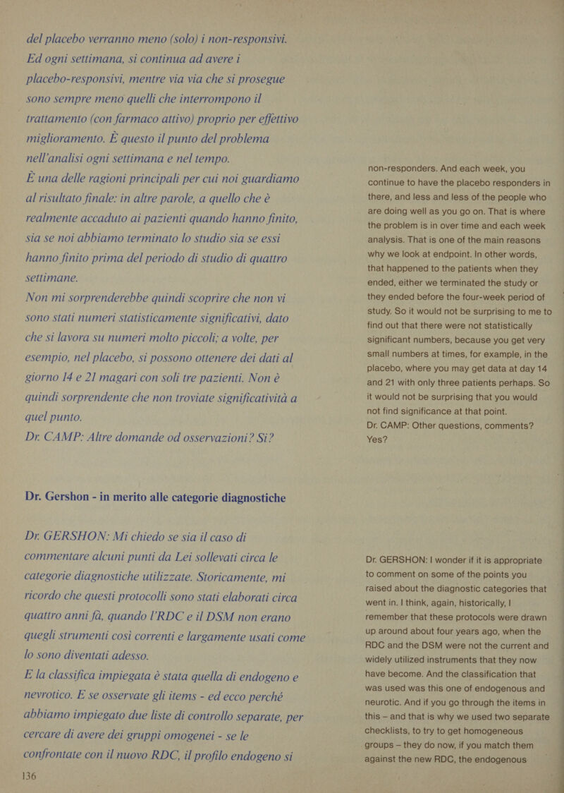 del placebo verranno meno (solo) i non-responsivi. Ed ogni settimana, si continua ad avere i placebo-responsivi, mentre via via che si prosegue sono sempre meno quelli che interrompono il ‘trattamento (con farmaco attivo) proprio per effettivo miglioramento. È questo il punto del problema nell'analisi ogni settimana e nel tempo. È una delle ragioni principali per cui noi guardiamo al risultato finale: in altre parole, a quello che è realmente accaduto ai pazienti quando hanno finito, sia se noi abbiamo terminato lo studio sia se essi hanno finito prima del periodo di studio di quattro settimane. Non mi sorprenderebbe quindi scoprire che non vi sono stati numeri statisticamente significativi, dato che si lavora su numeri molto piccoli; a volte, per esempio, nel placebo, si possono ottenere dei dati al giorno 14 e 21 magari con soli tre pazienti. Non è quindi sorprendente che non troviate significatività a quel punto. Dr. CAMP: Altre domande od osservazioni ? Si? Dr. Gershon - in merito alle categorie diagnostiche Dr GERSHON: Mi chiedo se sia il caso di commentare alcuni punti da Lei sollevati circa le categorie diagnostiche utilizzate. Storicamente, mi ricordo che questi protocolli sono stati elaborati circa quattro anni fa, quando l’RDC e il DSM non erano quegli strumenti così correnti e largamente usati come lo sono diventati adesso. E la classifica impiegata è stata quella di endogeno e nevrotico. E se osservate gli items - ed ecco perché abbiamo impiegato due liste di controllo separate, per cercare di avere dei gruppi omogenei - se le confrontate con il nuovo RDC, il profilo endogeno si 136 non-responders. And each week, you continue to have the placebo responders in there, and less and less of the people who are doing well as you go on. That is where the problem is in over time and each week analysis. That is one of the main reasons why we look at endpoint. In other words, that happened to the patients when they ended, either we terminated the study or they ended before the four-week period of study. So it would not be surprising to me to find out that there were not statistically significant numbers, because you get very small numbers at times, for example, in the placebo, where you may get data at day 14 and 21 with only three patients perhaps. So it would not be surprising that you would not find significance at that point. Dr. CAMP: Other questions, comments? Yes? Dr. GERSHON: | wonder if it is appropriate to comment on some of the points you raised about the diagnostic categories that went in. | think, again, historically, | remember that these protocols were drawn up around about four years ago, when the RDC and the DSM were not the current and widely utilized instruments that they now have become. And the classification that was used was this one of endogenous and neurotic. And if you go through the items in this — and that is why we used two separate checklists, to try to get homogeneous against the new RDC, the endogenous