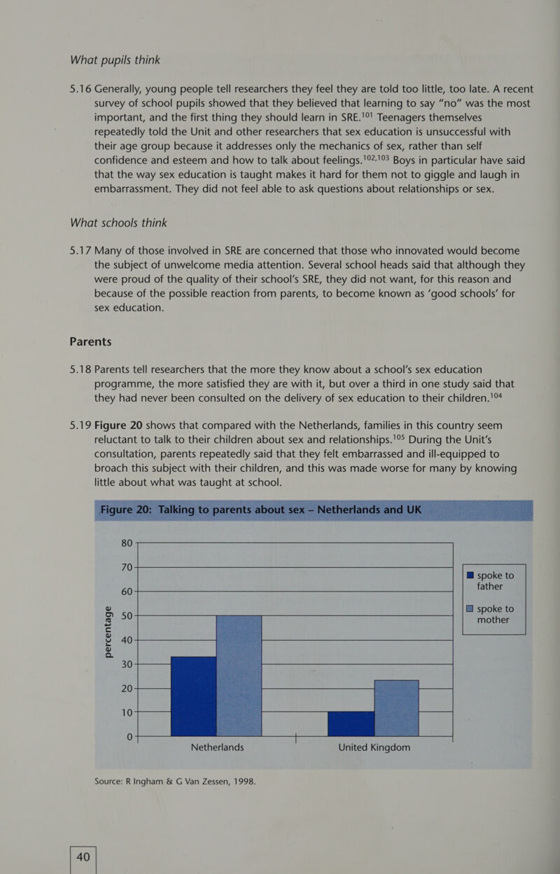 What pupils think 5.16 Generally, young people tell researchers they feel they are told too little, too late. A recent survey of school pupils showed that they believed that learning to say “no” was the most important, and the first thing they should learn in SRE.'°' Teenagers themselves repeatedly told the Unit and other researchers that sex education is unsuccessful with their age group because it addresses only the mechanics of sex, rather than self confidence and esteem and how to talk about feelings.'°7'°? Boys in particular have said that the way sex education is taught makes it hard for them not to giggle and laugh in embarrassment. They did not feel able to ask questions about relationships or sex. What schools think 5.17 Many of those involved in SRE are concerned that those who innovated would become the subject of unwelcome media attention. Several school heads said that although they were proud of the quality of their school’s SRE, they did not want, for this reason and because of the possible reaction from parents, to become known as ‘good schools’ for sex education. Parents 5.18 Parents tell researchers that the more they know about a school’s sex education programme, the more satisfied they are with it, but over a third in one study said that they had never been consulted on the delivery of sex education to their children.'™  80 70 ® spoke to 60 father 50  40 percentage 30 20  Netherlands United Kingdom Source: R Ingham &amp; G Van Zessen, 1998. [40