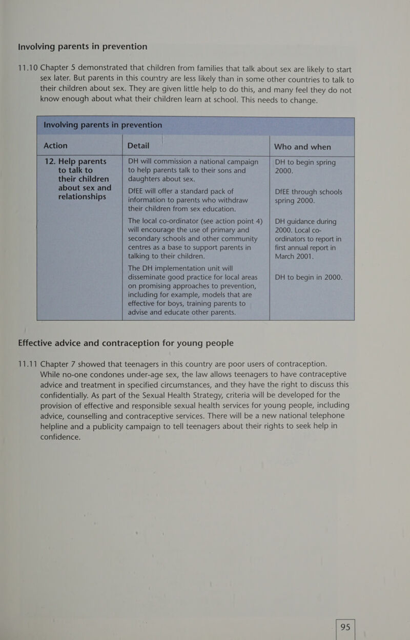 Involving parents in prevention 11.10 Chapter 5 demonstrated that children from families that talk about sex are likely to start sex later. But parents in this country are less likely than in some other countries to talk to their children about sex. They are given little help to do this, and many feel they do not know enough about what their children learn at school. This needs to change. Action Detail | DH will commission a national campaign to help parents talk to their sons and daughters about sex. DfEE will offer a standard pack of information to parents who withdraw their children from sex education. The local co-ordinator (see action point 4) will encourage the use of primary and secondary schools and other community centres as a base to support parents in talking to their children. The DH implementation unit will disseminate good practice for local areas Who and when DH to begin spring 2000. DfEE through schools spring 2000. DH guidance during 2000. Local co- ordinators to report in first annual report in March 2001. DH to begin in 2000.  on promising approaches to prevention, including for example, models that are effective for boys, training parents to advise and educate other parents.  Effective advice and contraception for young people 11.11 Chapter 7 showed that teenagers in this country are poor users of contraception. While no-one condones under-age sex, the law allows teenagers to have contraceptive advice and treatment in specified circumstances, and they have the right to discuss this confidentially. As part of the Sexual Health Strategy, criteria will be developed for the provision of effective and responsible sexual health services for young people, including advice, counselling and contraceptive services. There will be a new national telephone helpline and a publicity campaign to tell teenagers about their rights to seek help in confidence.
