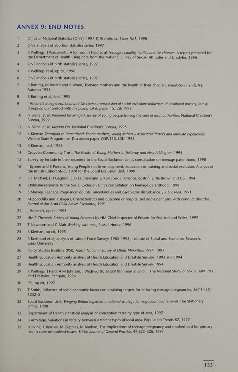 SN OA Ww co 10 iM 12 13 14 15 16 17 18 19 20 21 22 23 24 25 26 Li, 28 29 30 31 32 33 34 35 Office of National Statistics (ONS), 1997 Birth statistics, Series FM1, 1998 ONS analysis of abortion statistics series, 1997 K Wellings, } Wadsworth, A Johnson, J Field et al Teenage sexuality, fertility and life chances. A report prepared for the Department of Health using data from the National Survey of Sexual Attitudes and Lifestyles, 1996 ONS analysis of birth statistics series, 1997 K Wellings et al, op cit, 1996 ONS analysis of birth statistics series, 1997 B Botting, M Rosato and R Wood, Teenage mothers and the health of their children, Population Trends, 93, Autumn 1998 B Botting et al, ibid, 1998 J} Hobcraft Intergenerational and life-course transmission of social exclusion: Influences of childhood poverty, family disruption and contact with the police, CASE paper 15, LSE 1998 N Biehal et al, Prepared for living? A survey of young people leaving the care of local authorities, National Children’s Bureau, 1992 N Biehal et al, Moving On, National Children’s Bureau, 1995 K Kiernan Transition to Parenthood: Young mothers, young fathers — associated factors and later life experiences, Welfare State Programme, Discussion paper WSP/113, LSE, 1995 K Kiernan, ibid, 1995 Croydon Community Trust, The Health of Young Mothers in Fieldway and New Addington, 1994 Survey by Include in their response to the Social Exclusion Unit’s consultation on teenage parenthood, 1998 } Bynner and S Parsons, Young People not in employment, education or training and social exclusion. Analysis of the British Cohort Study 1970 for the Social Exclusion Unit, 1999 R T Michael, J} H Gagnon, E O Lauman and G Kolat Sex in America, Boston, Little Brown and Co, 1994 ChildLine response to the Social Exclusion Unit’s consultation on teenage parenthood, 1998 S Maskey, Teenage Pregnancy: doubts, uncertainties and psychiatric disturbance. / R Soc Med, 1991 M Zoccolillo and K Rogers, Characteristics and outcome of hospitalized adolescent girls with conduct disorder, Journal of Am Acad Child Adoles Psychiatry, 1991 ) Hobcraft, op cit, 1998 HMIP Thematic Review of Young Prisoners by HM Chief Inspector of Prisons for England and Wales, 1997 T Newborn and G Mair Working with men, Russell House, 1996 K Kiernan, op cit, 1995 R Berthoud et al, analysis of Labour Force Surveys 1985-1995, Institute of Social and Economic Research, Essex University Policy Studies Institute (PSI), Fourth National Survey of Ethnic Minorities, 1994, 1997 Health Education Authority analysis of Health Education and Lifestyle Surveys, 1993 and 1994 Health Education Authority analysis of Health Education and Lifestyle Survey, 1994 K Wellings, | Field, A M Johnson, J Wadsworth, Sexual Behaviour in Britain. The National Study of Sexual Attitudes and Lifestyles, Penguin, 1994 PSIOD Cit. 1997 T Smith, Influence of socio-economic factors on attaining targets for reducing teenage pregnancies, BM/ 14 (1) 1232-5 Social Exclusion Unit, Bringing Britain together: a national strategy for neighbourhood renewal, The Stationery Office, 1998 Department of Health statistical analysis of conception rates by type of area, 1997 B Armitage, Variations in fertility between different types of local area, Population Trends 87, 1997 H Irvine, T Bradley, M Cupples, M Boohan, The implications of teenage pregnancy and motherhood for primary health care: unresolved issues, British Journal of General Practice, 47,323-326, 1997