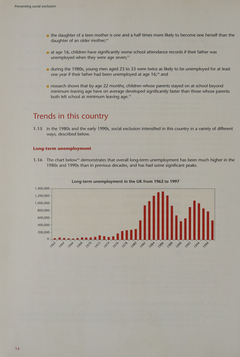 = the daughter of a teen mother is one and a half times more likely to become one herself than the daughter of an older mother;** m at age 16, children have significantly worse school attendance records if their father was unemployed when they were age seven;”” = during the 1980s, young men aged 23 to 33 were twice as likely to be unemployed for at least one year if their father had been unemployed at age 16;* and m research shows that by age 22 months, children whose parents stayed on at school beyond minimum leaving age have on average developed significantly faster than those whose parents both left school at minimum leaving age.” Trends in this country 1.15 In the 1980s and the early 1990s, social exclusion intensified in this country in a variety of different ways, described below. Long-term unemployment 1.16 The chart below’? demonstrates that overall long-term unemployment has been much higher in the 1980s and 1990s than in previous decades, and has had some significant peaks. Long-term unemployment in the UK from 1962 to 1997 1,400,000  1,200,000 - 1,000,000 5 800,000 5 600,000 400,000 —  200,000  0 = = = o oe © Re) 9 a7 b 6 Xo) S Vv bk 6 ne) O xv b Ke) 6 \ y\ ‘\\ x\ y\ ve) ve) ve) Ce) % 0, 9)