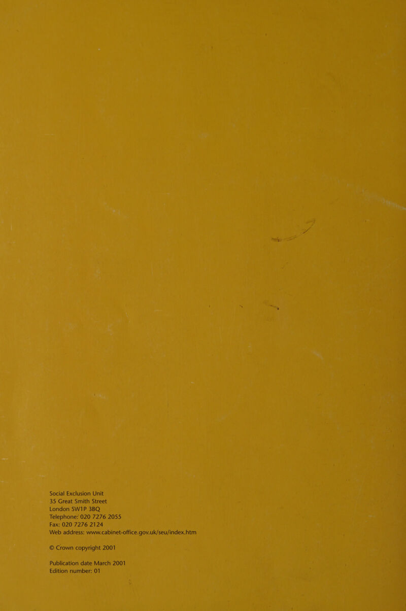 + Social Exclusion Unit 35 Great Smith Street London SW1P 3BQ Telephone: 020 7276 2055 Fax: 020 7276 2124 ny Web address: www.cabinet-office.gov.uk/seu/index.htm  i Ps © Crown copyright 2001 “ oe ’ Publication date March 2001 Edition number: 01 _ ae sa “4 %, 4