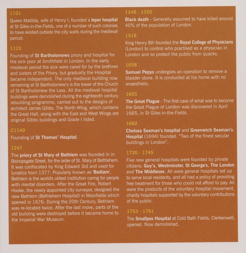 1101 at St Giles-in-the-Fields, one of a number of such colonies to have existed sees the city walls pas the medieval period. : 1123 mevelareliarcaceyaes) Bartholomews priory and — for the sick poor at Smithfield in London. In the early | medieval period the sick were cared for by the brethren and sisters of the Priory, but gradually inate} Hospital became independent. The only medieval building now _ remaining at St Bartholomew’ s is the tower of the Church — 1348 - 1350 Black death - Generally assured 0 to have killed gound 7 40% of the. es oF London. : . 1518 : - SC King Henry 8th a the Royal College of Physicians. ~ (London) to control who practised asaphysicianin — _ London and : sO protect the ea irom quacks. — 1658 ye oS - Samuel eye undergoes 2 an 1 operation to remove a bladder stone. 3 is conducted at his home with | no _ anaesthetic. a Se C1140 : : Founding o ei st Thomas’ Hospital. | 1247 The priory of St Mary a Bethlem WES founded in in Bishopsgate Street, for the order of St. WEI of Bethlehem. | It was confiscated by King Edward 3rd and used for lunatics from 1377. Popularly known as ‘Bedlam’, Bethlem is the world's oldest institution caring for people with mental disorders. Nici the Great Fire, Robert — - Hooke, the newly appointed city surveyor, designed the Bre (cWastcical clase estcitaltclalciaal messi) a) A Vlerelgitelers which — opened in 1676. During the 20th Century, Bethlem — - was re-located twice. After the last move, parts of the _old building were destroyed before it became home to the Imperial War Museum. _builings in » London -1720- 1745 Five new oa respite were founded b private _ citizens: Guy's, Westminster, SS George's, The ai and The Middlesex. All were general hospitals setup to serve local residents, and all hada policy of providing | mics treatment file those who could not afford to pay. All | were the products. of the voluntary hospital movement, | - charity iesniels supported by tr the eS contributions - a the public. | Sg eee 1761 The Smallpox Hospital at Cold Bath Fields, Clerkenwell a _ opened, Now v demolished. : 