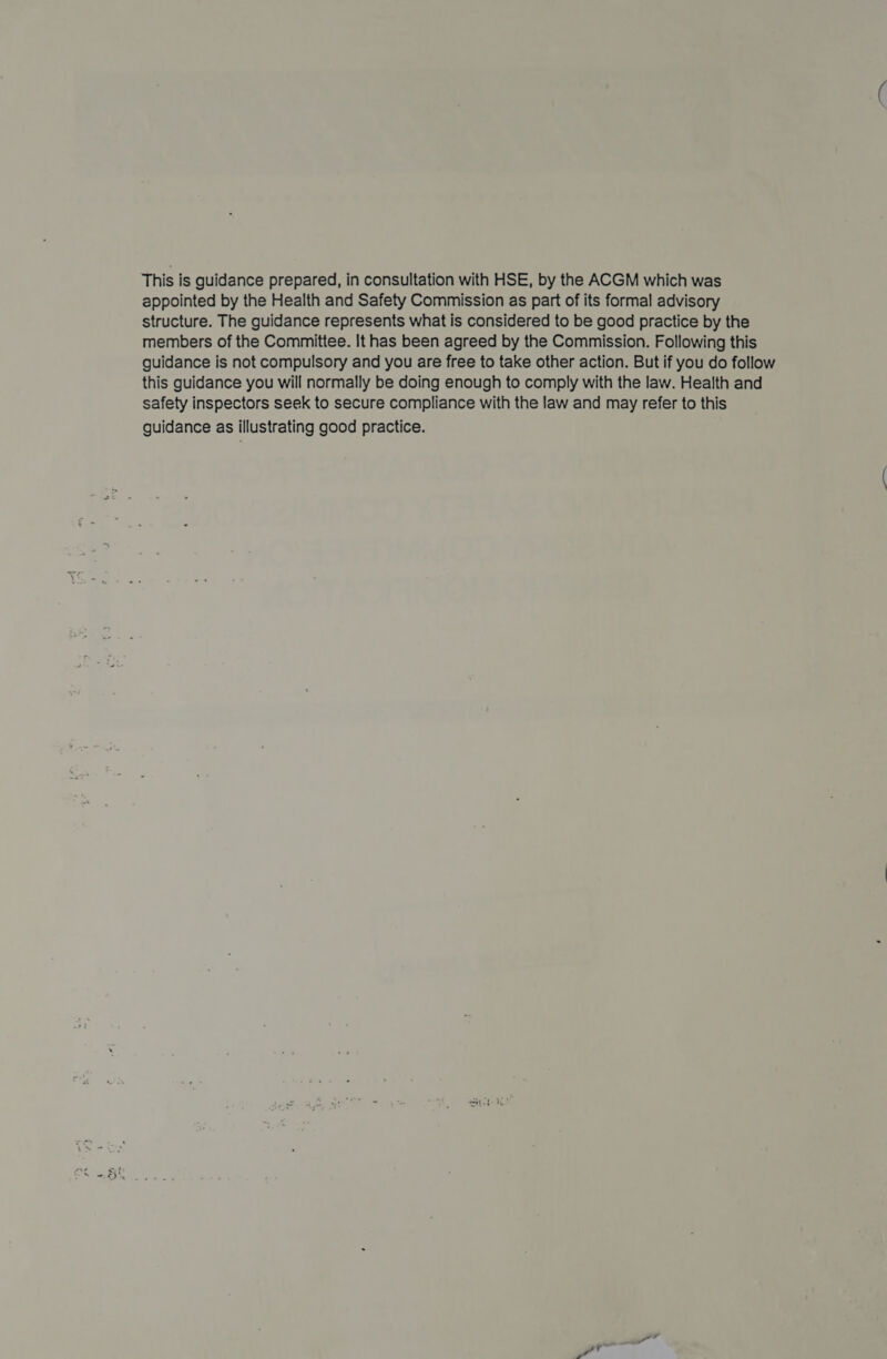 This is guidance prepared, in consultation with HSE, by the ACGM which was appointed by the Health and Safety Commission as part of its formal advisory structure. The guidance represents what is considered to be good practice by the members of the Committee. It has been agreed by the Commission. Following this guidance is not compulsory and you are free to take other action. But if you do follow this guidance you will normally be doing enough to comply with the law. Health and safety inspectors seek to secure compliance with the law and may refer to this guidance as illustrating good practice. Pr