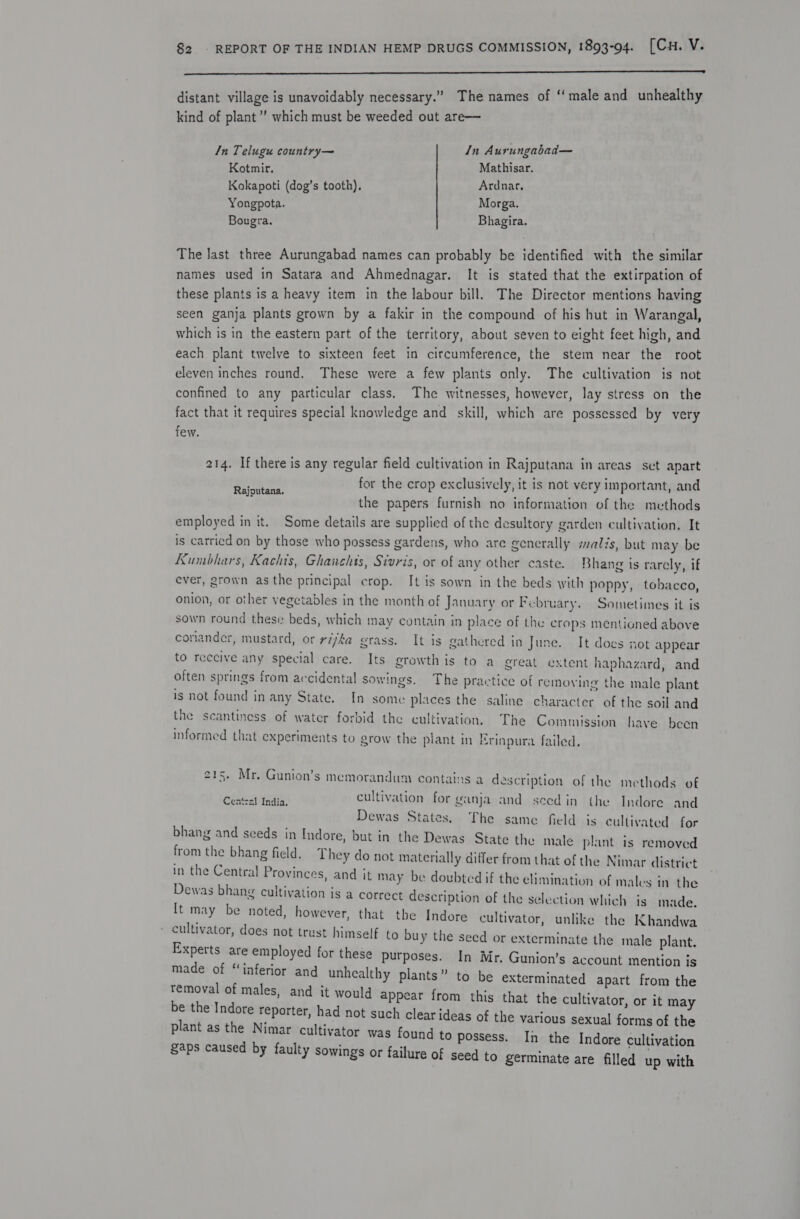  distant village is unavoidably necessary.” The names of ‘male and unhealthy kind of plant” which must be weeded out are— /n Telugu country— In Aurungabad— Kotmir. Mathisar. Kokapoti (dog's tooth), Ardnar, Yongpota. Morga. Bougra. Bhagira. The Jast three Aurungabad names can probably be identified with the similar names used in Satara and Ahmednagar. It is stated that the extirpation of these plants is a heavy item in the labour bill. The Director mentions having seen ganja plants grown by a fakir in the compound of his hut in Warangal, which is in the eastern part of the territory, about seven to eight feet high, and each plant twelve to sixteen feet in circumference, the stem near the root eleven inches round. These were a few plants only. The cultivation is not confined to any particular class. The witnesses, however, lay stress on the fact that it requires special knowledge and skill, which are possessed by very few. 214. If there is any regular field cultivation in Rajputana in areas set apart for the crop exclusively, it is not very important, and the papers furnish no information of the methods employed in it. Some details are supplied of the desultory garden cultivation. It is carried on by those who possess gardens, who are generally salis, but may be Kumbhars, Kachis, Ghanchts, Sivris, or of any other caste. Bhang is rarely, if Rajoutana. ever, grown asthe principal crop. It is sown in the beds with poppy, tobacco, onion, or other vegetables in the month of January or February. Sometimes it is sown round these beds, which may contain in place of the crops mentioned above coriander, mustard, or rijka grass. It is gathered in June. It docs not appear to receive any special care. Its growth is to a great extent haphazard, and often springs from accidental sowings. The practice of removing the male plant is not found in any State. In some places the saline character of the soil and the scantiness of water forbid the cultivation. The Commission have been informed that experiments to grow the plant in Erinpura failed. 215. Mr. Gunion’s memorandum contains a description of the methods of Coan cultivation for ganja and seed in the Indore and Dewas States. The same field is cultivated for bhang and seeds in Indore, but in the Dewas State the male plant is removed from the bhang field. They do not materially differ from that of the Nimar district in the Central Provinces, and it may be doubted if the elimination of males in the Dewas bhang cultivation is a correct description of the selection which is made. [t may be noted, however, that the Indore cultivator, unlike the Khandwa - cultivator, does not trust himself to buy the seed or exterminate the male plant. Experts are employed for these purposes. In Mr. Gunion’s account mention is made of ‘inferior and unhealthy plants” to be exterminated apart from the removal of males, and it would appear from this that the cultivator, or it may be the Indore reporter, had not such clear ideas of the various sexual forms of the plant as the Nimar cultivator was found to possess. In the Indore cultivation aps caused by faulty sowings or failure of seed to germinate are filled up with