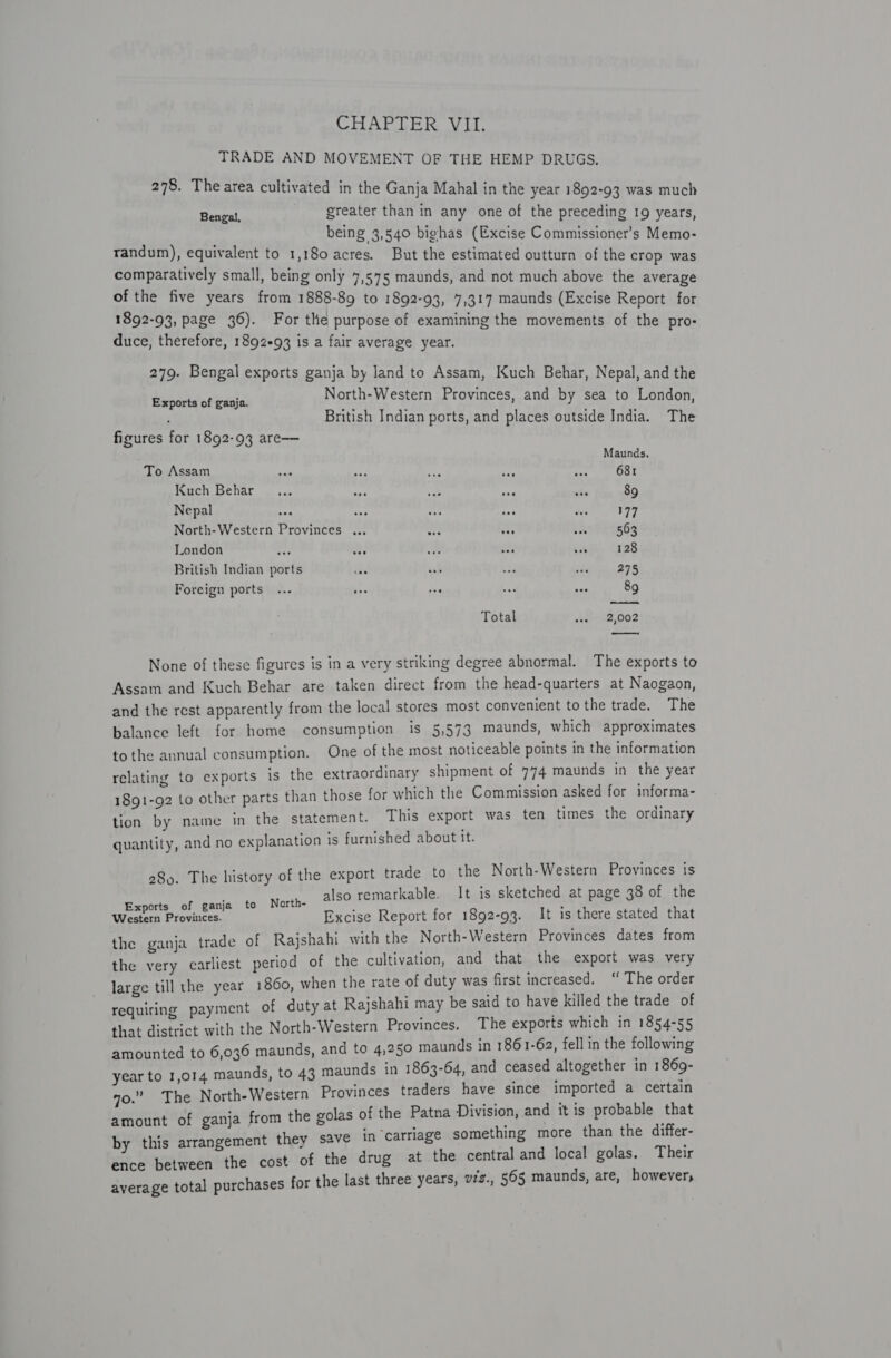 TRADE AND MOVEMENT OF THE HEMP DRUGS, 278. The area cultivated in the Ganja Mahal in the year 1892-93 was much pense greater than in any one of the preceding 19 years, being 3,540 bighas (Excise Commissioner’s Memo- randum), equivalent to 1,180 acres. But the estimated outturn of the crop was comparatively small, being only 7,575 maunds, and not much above the average of the five years from 1888-89 to 1892-93, 7,317 maunds (Excise Report for 1892-93, page 36). For the purpose of examining the movements of the pro- duce, therefore, 1892-93 is a fair average year. 279. Bengal exports ganja by land to Assam, Kuch Behar, Nepal, and the é North-Western Provinces, and by sea to London, xports of ganja. : \ : British Indian ports, and places outside India. The figures for 1892-93 are— Maunds. To Assam ake sd ia A nes 681 Kuch Behar _... Hi - one wis 89 Nepal ps a oe pe ze 177 North-Western Provinces ... oe ees 1% 563 London oa f, &lt;a ve vo 128 British Indian ports ae es wat stale 8TS Foreign ports ... ve yea eee Ae 89 Total At-02,002 ——: None of these figures is in a very striking degree abnormal. The exports to Assam and Kuch Behar are taken direct from the head-quarters at Naogaon, and the rest apparently from the local stores most convenient to the trade. The balance left for home consumption 1s 5,573 maunds, which approximates tothe annual consumption. One of the most noticeable points in the information ating to exports is the extraordinary shipment of 774 maunds in the year han those for which the Commission asked for informa- This export was ten times the ordinary re] 1891-92 to other parts t tion by name in the statement. quantity, and no explanation is furnished about it. 289. The history of the export trade to the North-Western Provinces is Exports of ganja to North- also remarkable. It is sketched at page 38 of the Western Provinces. Excise Report for 1892-93. It is there stated that the ganja trade of Rajshahi with the North-Western Provinces dates from arliest period of the cultivation, and that | the export was very large till the year 1860, when the rate of duty was first increased. “ The order requiring payment of duty at Rajshahi may be said to have kulled the trade of that district with the North-Western Provinces. The exports which in 1854-55 amounted to 6,036 maunds, and to 4,250 maunds in 1861-62, fell in the following year to 1,014 maunds, to 43 maunds in 1863-64, and ceased altogether in 1869- 90. The North-Western Provinces traders have since imported a certain amount of ganja from the golas of the Patna Division, and it is probable that by this arrangement they save in carriage something more than the differ- ence between the cost of the drug at the central and local golas. Their average total purchases for the last three years, vzz., 565 maunds, are, however, the very ¢