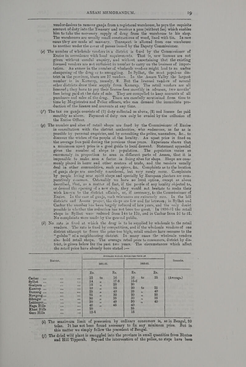   vendor desires to remove ganja from a registered warehouse, he pays the requisite amount of duty into the ‘Treasury and receives a pass (without fee) which enables him to take the necessary supply of drug from the warehouse to his shop. The warehouses are usnally stall constructions of wood, lined with tin. In rare eases they are made of masoare. Transport is allowed from one warehouse to another under the cover of passes issued by the Deputy Commissioner. (e) The number of wholesale vendorsina district is fixed by the Commissioner of Excise in accordance with local requirements. That is, new licenses are not given without careful engniry, and wiihout ascertaining that the existing licensed vendors are not sutiicient in number to carry ca the business of impor- tution. Av excess in the number of wholusale vendors might lead to an undue cheapening' of the drug vr to smuggling. In Sylhet, the most populous dis- trict in the province, there are 17 vendors. In the Assam Valley the largest number is in Kamrup, namely, 9. But the licensed vendors of several other districts draw their supply from Kameup, The retail vendors are all licensed; they have to pay their license fees monthly in advance, two months’ fees being paid at the date of sale. They are compelled to keep accounts of all purchases and sales of the drug. These ave carefully scrutinized from time to time by Magistrates and Police officers, who ean demand the immediate pro- duction of the license and accounts at any time. (7) The tax on ganja consists of (1) duty collected as above, (2) and license fee paid monthly as above, Payment of duty can only be evaded by the collusion of the Excise Officer. (g) The number and sites of retail shops are fixed by the Commissioner of Excise in consultation with the district authorities, who endeavour, as far as is possible by personal enquiries, and by consulting the police, mauzadars, &amp;c., to discover the wishes of the people of the locality. An upset price is fixed on the average feces paid during the previous three years. Experience shows that &amp; Minimum upset price is a good guide to local demand. Statement appended gives the number of shops to population. The population varies so enormously in proportion to area in different parts of Assam, that it is impossible to make area a factor in fixing sites for shops. Shops are com- monly placed in bazar aud other eentres of trade, and the vendors usually deal in other commodities, such as spices, &amp;c. Complaints as to the location of ganja shops are carefully considered, but very rarely occur, Complaints by people living near spirit shops and specially by Huropean planters are com- paratively common, Ostensibly we have no local option, except as above described, that, as a matter of faet, if the people of any locality objected to, or desired the opening of a new shop, they would nut hesitate to make their wish known to the district officiuls, or, if necessary, to the Commissioner of Sxcise. In the case of wanja, such references are extremely rare. In the hill districts and Assam proper, the shops are few and far between; in Sylhet and Cachar the number has been largely reduced of late years, and the only doubt possible is whether the reductiva has not been tuo great. In 1890-1 the retail shops in Sylliet were reduced from 145 to 110, and in Cachar from 52 to 42. No complaints were made hy the general public. (2) No rate is fixed at} which the drug is to be supplied by wholesale to the retail vendors. ‘Lhe rate is fixed by competition, and if the wholesale vendors of one district attempt to foree the price too high, retail vendors have recourse to the “golahs? of a neighbouring district. In many cases the wholesale vendors also hold retail shops. The average retail price to consumers, district by dis- trict, is given below for the past two years. The circumstances which affect the retail’ price have already been stated :—   AVERAGE BUTALL PRICK PER SEER IN ON SO             District. Remarks. 1891.02. 1802-93. Rs Rs. Rs Rs Cachar ... aes sid 12 to 16 16 to 25 (Average) Sylhet... = Sola ike alts 17-8 | 15-6 Goalpara ... a oe 15 Pr 25 20 q Kamrup ... ti ee 10 Afebey 25 20 ~= to 25 Durrang ... fai AS 25 FA 40 25 # 40 Nowgong... ¥ ie ey) 30 2D Hadas 25 Sibsagar ... &amp; ves BO es 35 51 edhe 35 Lakimpur... wy ae 30 A 40 809 Sy, 40 Naga Hills re bee 40 a 45 40 Khasi Hills aa nea 20 : 25 Garo Hills ae oad 12-8 15  (f) The masimum limit of possession by ordinary consumers is, as in Bengal, 20 tolas. It has not been found necessary to fix any minimum price. But in this matter we simply follow the precedent of Bengal. ° (7) The dried wild plant is smuggled into the province in small quantities from Bhutan and Hill Tipperah. Beyond the intervention of the police, no steps have been
