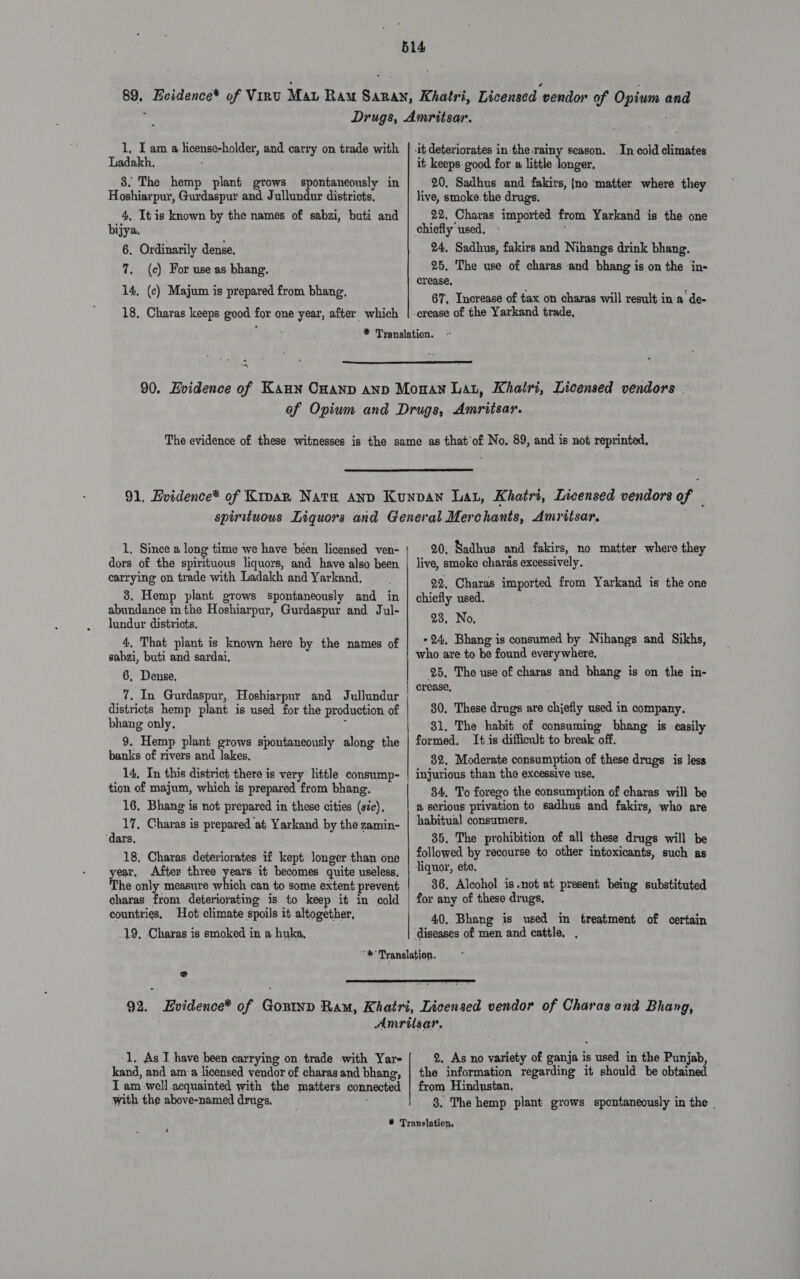 Ladakh, 3. The hemp plant grows spontaneously in Hoshiarpur, Gurdaspur and Jullundur districts, 4, It is known by the names of sabzi, buti and bijya. 6, Ordinarily dense, 7. (c) For use as bhang. 14, (c) Majum is prepared from bhang, 18, Charas keeps good for one year, after which it keeps good for a little longer. 20, Sadhus and fakirs, {no ‘matter where they live, smoke. the drugs. 22, Charas imported from Yarkand is the one chiefly used. 24, Sadhus, fakirs and Nihangs drink bhang. 25. The use of charas and bhang is on the in- crease, 67. Increase of tax on charas will result in'a de- -erease of the Yarkand trade,   1, Since a long time we have been licensed ven- dors of the spirituous liquors, and have also been carrying on trade with Ladakh and Yarkand. 3. Hemp plant grows spontaneously and in abundance inthe Hoshiarpur, Gurdaspur and Jul- lundur districts, 4, That plant is known here by the names of sabzi, buti and sardai, 6, Dense, 7. In Gurdaspur, Hoshiarpur and Jullundur districts hemp plant is used for the production of bhang only, , 9. Hemp plant grows spontaneously along the banks of rivers and lakes. 14, In this district there is very little consump- tion of majum, which is prepared from bhang. 16. Bhang is not prepared in these cities (sie), 17. Charas is prepared at Yarkand by the zamin- dars. 18, Charas deteriorates if kept longer than one year. After three bone it becomes quite useless, The only measure which can to some extent prevent charas from deteriorating is to keep it in cold countries. Hot climate spoils it altogether, 19, Charas is smoked in a huka, 90. Sadhus and fakirs, no matter where they live, smoke charas excessively, 22, Charas imported from Yarkand is the one chiefly used. 23, No, -24, Bhang is consumed by Nihangs and Sikhs, who are to be found everywhere, 25. Tho use of charas and bhang is on the in- crease, 80. These drugs are chiefly used in company. 31. The habit of consuming bhang is easily formed, It.is difficult to break off. 32. Moderate consumption of these drugs is less injurious than the excessive use, 84, To forego the consumption of charas will be a serious privation to sadhus and fakirs, who are habitual consumers, 35. The prohibition of all these drugs will be followed by recourse to other intoxicants, such as liquor, ete, 36, Alcohol is.not at present being substituted for any of these drugs, 40, Bhang is used in treatment of certain @  1, As I have been carrying on trade with Yar- kand, and am:a licensed vendor of charas and bhang, 2. As no variety of ganja is used in the Punjab, | the information regarding it should be obtained with the above-named drugs. ’ 8. The hemp plant grows spontaneously in the