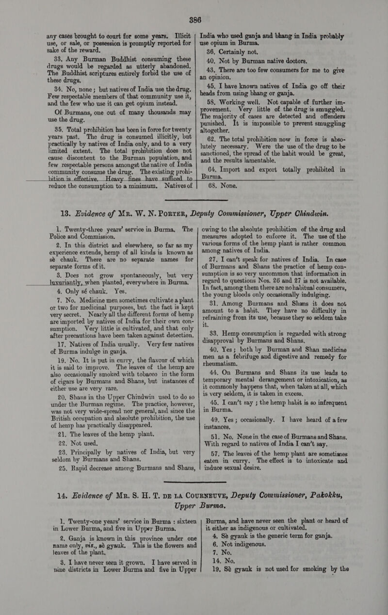 any cases brought to court for some years, Illicit use, or sale, or possession is promptly reported for sake of the reward. 33, Any Burman Buddhist consuming these drugs would be regarded as utterly abandoned. The Buddhist scriptures entirely forbid the use of these drugs, 34, No, none; but natives of India use the drug. Few respectable members of that community use it, and the few who use if can get opium instead. Of Burmans, one out of many thousands may use the drug, 85. Total prohibition has been in force for twenty years past. The drug is consumed illicitly, but practically by natives of India only, and to a very limited extent, The total prohibition does not cause discontent to the Burman population, and few respectable persons amongst the native of India community consume the drug. The existing prohi- reduce the consumption toa minimum, Natives of    India who used ganja and bhang in India probably use opium in Burma, 36, Certainly not. 40, Not by Burman native doctors, 43, There are too few consumers for me to give an opinion. 45, I have known natives of India go off their heads from using bhang or ganja. 58, Working well. Not capable of further im- provement. Very little of the drug is smuggled. The majority of cases are detected and offenders punished, It is impossible to prevent smuggling altogether. 62, The total prohibition now im force is abso- lutely necessary. Were the use of the drug to be sanctioned, the spread of the habit would be great, and the results lamentable. 64, Import and export totally prohibited in Burma. 68. None.   1, Twenty-three years’ service in Burma, The Police and Commission. 2. In this district and elsewhere, so far as my experience extends, hemp of all kinds is known as se chauk. There are no separate names for separate forms of it. 3. Does not grow spontaneously, but very luxuriantly, when planted, everywhere in Burma.  4, Only sé chauk. Yes. 7. No, Medicine men sometimes cultivate a plant or two for medicinal purposes, but the fact is kept very secret, Nearly all the different forms of hemp are imported by natives of India for their own con- sumption. Very little is cultivated, and that only after precautions have been taken against detection. 17, Natives of India usually. Very few natives of Burma indulge in ganja, 19, No, It is put in curry, the flavour of which it is said to improve. The leaves of the hemp are also occasionally smoked with tobacco in the form of cigars by Burmans and Shans, but instances of either use are very rare, 20, Shans in the Upper Chindwin used to do so under the Burman regime, The practice, however, was not very wide-spread nor general, and since the British occupation and absolute prohibition, the use of hemp has practically disappeared. 21, The leaves of the hemp plant. 22. Not used. 23. Principally by natives of India, but very seldom by Burmans and Shans. 25, Rapid decrease among Burmans and Shans, owing to the absolute prohibition of the drug and measures adopted to enforce it. The use of the various forms of the hemp plant is rather common among natives of India. 27. I can’t speak for natives of India, In ease of Burmans and Shans the practice of hemp con- sumption is so very uncommon that information in regard to questions Nos, 26 and 27 is not available. In fact, among them there are nohabitual consumers, the young bloods only occasionally indulging. 31. Among Burmans and Shans it does not amount toa habit. They have no difficulty in refraining from its use, because they so seldom take it. 33. Hemp consumption is regarded with strong disapproval by Burmans and Shans, 40. Yes; both by Burman and Shan medicine men asa febrifuge and digestive and remedy for rheumatism, 44, On Burmans and Shans its use leads to temporary mental derangement or intoxication, as it commonly happens that, when taken at all, which is very seldom, it is taken in excess, 45, I can’t say ; the hemp habit is so infrequent in Burma. 49, Yes; occasionally. I have heard of afew instances, 51. No. Nonein the case of Burmans and Shans. With regard to natives of India I can’t say. 57. The leaves of the hemp plant are sometimes eaten in cur The effect is to intoxicate and induce sexual desire.  1, Twenty-one years’ service in Burma : sixteen in Lower Burma, and five in Upper Burma, 2, Ganja is known in this province under one name only, vtz., sé gyauk, This is the flowers and leaves of the plant, 3. I have never seen it grown, I have served in nine districts in Lower Burma and five in Upper Burma, and have never seen the plant or heard of it either as indigenous or cultivated. 4, Sé gyauk is the generic term for ganja. 6. Not indigenous. 7. No. 14, No, 19, S&amp; gyauk is not used for smoking by the   