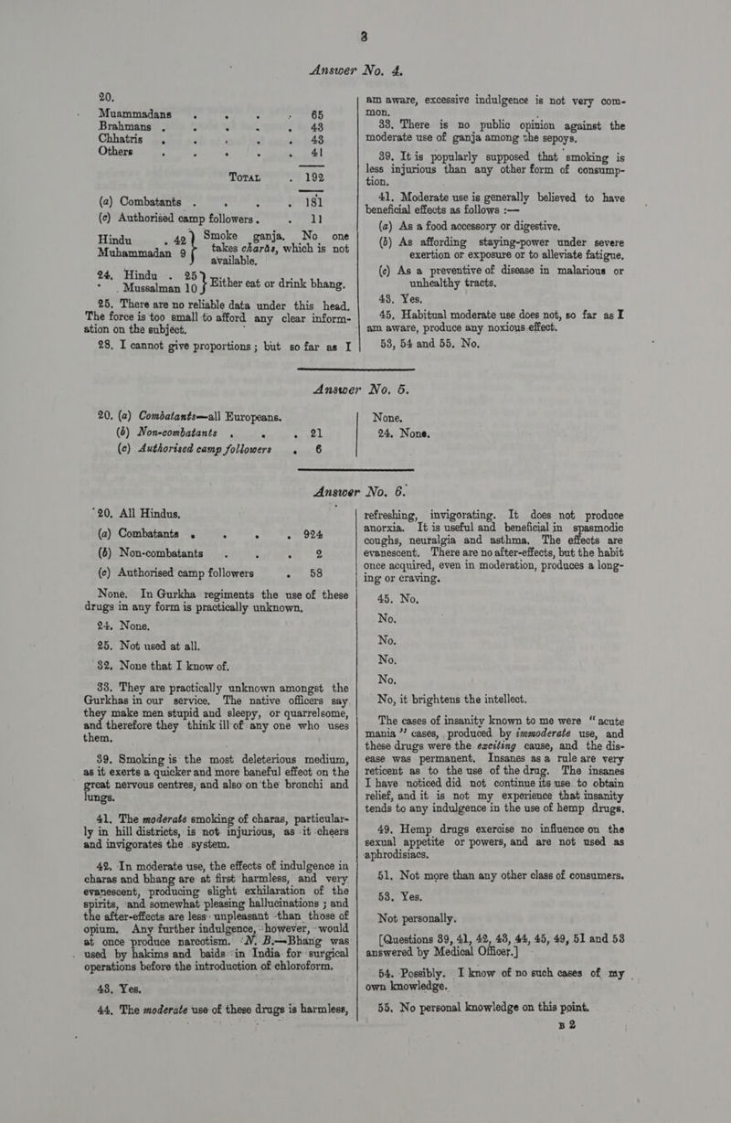 20. Muammadans ° 65 Brahmans . 3 . . - 43 Chhatris , . ‘ &amp;, 48 Others - : . . fl ToraL - 102 (2) Combatants . : 4 B78) (c) Authorised camp followers. Apo ) Smoke ganja, No one ZniliNepey a Bt takes charts, which is not available, 24, Hindu . i: “tape } Either eat or drink bhang. 25. There are no reliable data under this head. ation on the subject, am aware, excessive indulgence is not very com- mon, 38, There is no public opinion against the moderate use of ganja among the sepoys. 89, It is popularly supposed that smoking is less injurious than any other form of consump- tion. 41, Moderate use is generally believed to have beneficial effects as follows :— (2) As a food accessory or digestive. (5) As affording staying-power under severe exertion or exposure or to alleviate fatigue. (c) As a preventive of disease in malarious or unhealthy tracts. 43, Yes, 45, Habitual moderate use does not, so far as I 58, 54 and 55. No,  20, (a) Combatants—all Europeans. (6) Non-combatants . : . 21 (c) Authorised camp followers . 6 None. 24. None.  “20, All Hindus, (2) Combatants . . : ° (6) Non-combatants . A : 2 (c) Authorised camp followers polly = None. In Gurkha regiments the use of these drugs in any form is practically unknown, 24. None, 25. Not used at all. 32, None that I know of, 33. They are practically unknown amongst the Gurkhas in our service. The native officers say they make men stupid and sleepy, or quarrelsome, mo therefore they think ill of any one who uses them, 39. Smoking is the most deleterious medium, as it exerts a quicker and more baneful effect on the ' great nervous centres, and alsoon'the bronchi and lungs. 41, The moderate smoking of charas, particular- ly in hill districts, is not- injurious, as -it -cheers and invigorates the system. 42, In moderate use, the effects of indulgence in charas and bhang are at first harmless, and very, evanescent, producing slight exhilaration of the spirits, and somewhat pleasing hallucinations ; and the after-effects are less unpleasant -than those of opium, Any further indulgence, - however, - would at once produce narcotism. “JV, . used by hakims and baids-in India: for surgical operations before the introduction of chloroform. 43, Yes. 44, The moderate use of these drugs is harmless, refreshing, invigorating. It does not produce anorxia. It is useful and beneficial in spasmodic coughs, neuralgia and asthma. The effects are evanescent, There are no after-effects, but the habit once acquired, even in moderation, produces a long- 45. No, No. No. No, No. No, it brightens the intellect. The cases of insanity known to me were “ acute mania 7? cases, produced by immoderate use, and these drugs were the exciting cause, and the dis- ease was permanent. Insanes asa rule are very reticent as to the use of the drug. The insanes I have noticed did not continue its use. to obtain relief, and it is not my experience that insanity tends to any indulgence in the use of hemp drugs. 49. Hemp drugs exercise no influence on the sexual appetite or powers, and are not used as aphrodisiacs. 51. Not more than any other class of consumers. 53. Yes, Not personally. [Questions 89, 41, 42, 48, 44, 45, 49, 51 and 53 answered by Medical Officer.] - 54. Possibly. I know of no such cases of my own knowledge. . 55. No personal knowledge on this pint. B2