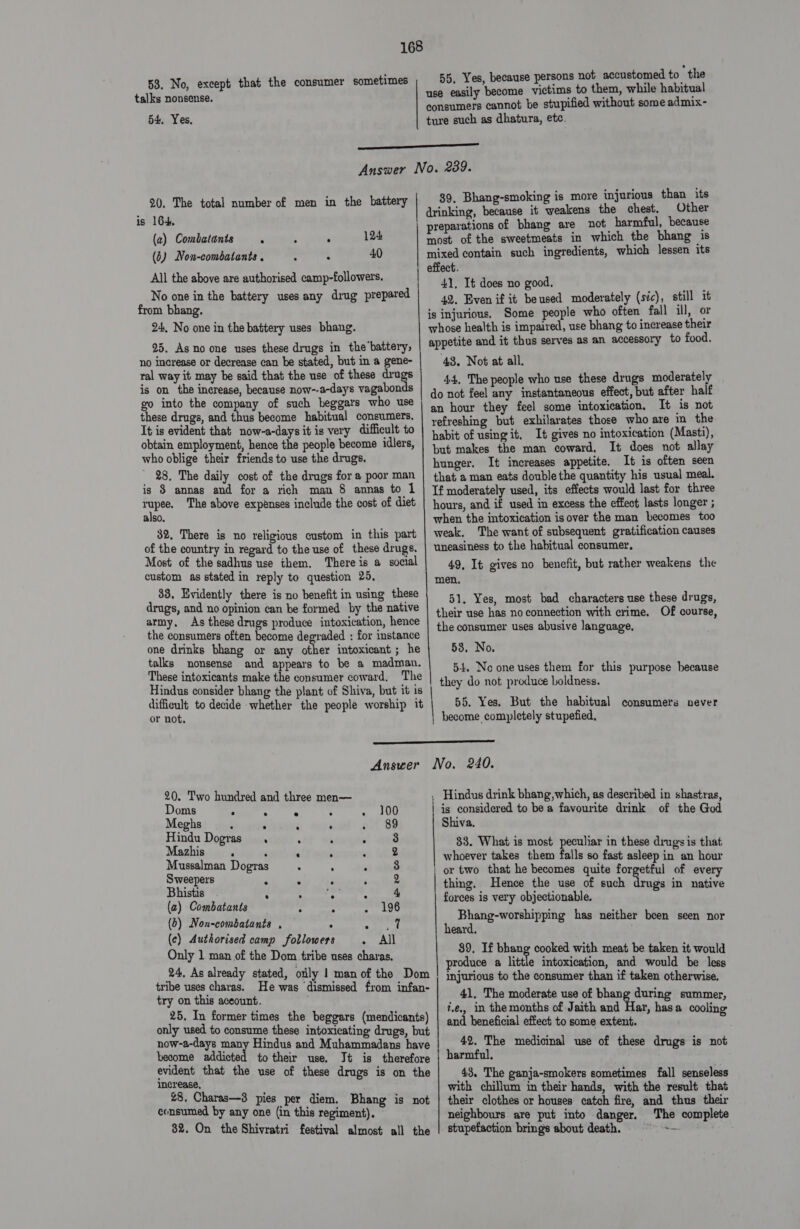 talks nonsense. 54. Yes. 55, Yes, because persons not accustomed to the use easily become victims to them, while habitual consumers cannot be stupified without some admix- ture such as dhatura, etc. 20. The total number of men in the battery is 164, (a) Combatants 7 (6) Non-combatante . All the above are authorised camp-followers. No one in the battery uses any drug prepared from bhang. 24, No one in the battery uses bhang. 25, As no one uses these drugs in the’battery, no increase or decrease can be stated, but in a gene- ral way it may be said that the use of these dru is on the increase, because now--a-days vagabon go into the company of such beggars who use these drugs, and thus become habitual consumers. It is evident that now-a-days it is very difficult to obtain employment, hence the people become idlers, who oblige their friends to use the drugs. 28. The daily cost of the drugs for a poor man is 8 annas and for a rich man 8 annas to 1 pee The above expenses include the cost of diet also, 32, There is no religious custom in this part of the country in regard to the use of these drugs. Most of the sadhus use them. There is a social custom as stated in reply to question 20. 33, Evidently there is no benefit in using these drugs, and no opinion can be formed by the native army, As these drugs produce intoxication, hence the consumers often become degraded : for instance one drinks bhang or any other imtoxicant ; he talks nonsense and appears to be a madman. These intoxicants make the consumer coward. The Hindus consider bhang the plant of Shiva, but it is difficult to decide whether the people worship it or not. ‘ 124 : . 40 39, Bhang-smoking is more injurious than its drinking, because it weakens the chest. Other preparations of bhang are not harmful, because most of the sweetmeats in which the bhang is mixed contain such ingredients, which lessen its effect. 41, It does no good. 42. Even if it beused moderately (sic), still it is injurious. Some people who often fall ill, or whose health is impaired, use bhang to increase their appetite and it thus serves as an accessory to food. 43. Not at all. 44, The people who use these drugs moderately do not feel any instantaneous effect, but after half an hour they feel some intoxication, It is not refreshing but exhilarates those who are in the habit of using it. It gives no intoxication (Masti), but makes the man coward. It does not allay hunger. It increases appetite. It is often seen that a man eats double the quantity his usual meal. Tf moderately used, its effects would last for three hours, and if used in excess the effect lasts longer ; when the intoxication is over the man becomes too weak, The want of subsequent gratification causes uneasiness to the habitual consumer. 49, It gives no benefit, but rather weakens the men. 51. Yes, most bad characters use these drugs, their use has no connection with crime. Of course, the consumer uses abusive language, 53. No. 5-4. No one uses them for this purpose because | they do not produce boldness. | 55. Yes. But the habitual consumers never | become completely stupefied,  Answer No. 240. 20. Two hundred and three men— Hindus drink bhang, which, as described in shastras, van . . x . LOG | is considered to be a favourite drink of the God Meghs F J ‘ 4 af 38 Shiva, ae act tied sot wetingtal aval 83. What is most peculiar in these drugs is that Siaeeatran tieeas ‘ . : . whoever takes them falls so fast asleep in an hour ena st stale ey : . eH | or two that he becomes quite forgetful of every Bhisite : ° : ae thing. Hence the use of such drugs in native (2) ‘Cea seit . ° swieyag forces is very objectionable. (8) “Wontepisbataa po : i ¥ A : agit bee has neither been seen nor (c) Authorised camp followers rage 8 a Only 1 man of the Dom tribe uses charas, 24, As already stated, oily 1 man of the Dom tribe uses charas. He was dismissed from infan- try on this aceount. 25. In former times the beggars (mendicants) only used to consume these intoxicating drugs, but now-a-days many Hindus and Muhammadans have become addicted to their use. Jt is therefore evident that the use of these drugs is on the increase, #8. Charas—3 pies per diem. Bhang is not consumed by any one (in this regiment), 82. On the Shivratri festival almost all the 89. If bhang cooked with meat be taken it would produce a little intoxication, and would be less injurious to the consumer than if taken otherwise. 41, The moderate use of bhang during summer, t.é,, in the months of Jaith and Har, hasa cooling and beneficial effect to some extent. 42. The medicinal use of these drugs is ey harmful. 43, The ganja-smokers sometimes fall senseless with chillum in their hands, with the result that their clothes or houses catch fire, and thus their neighbours are put into danger. The complete stupefaction brings about death, ~~ ~~