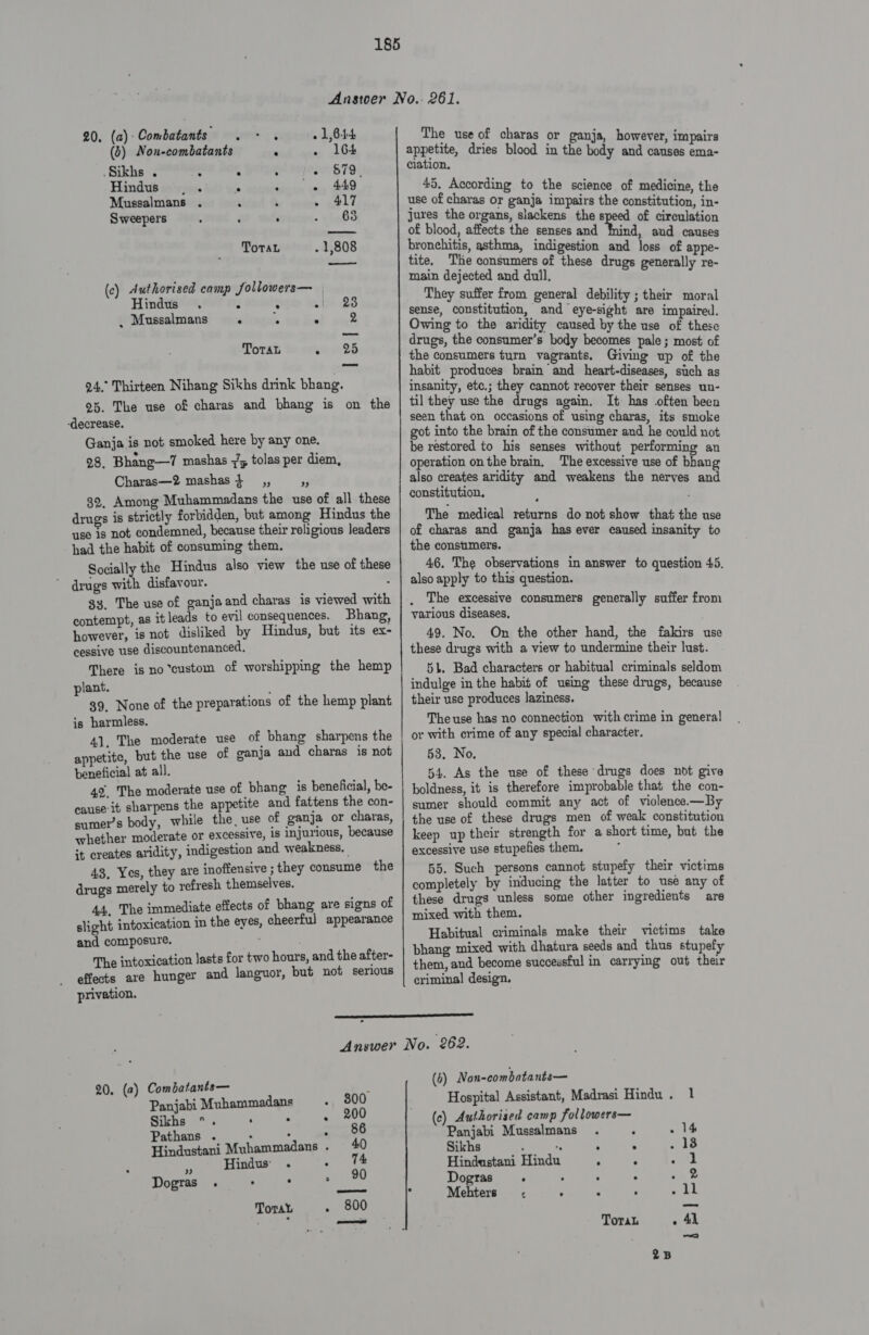 20, (a)-Combatants . -: . » 1,644 (5) Non-combatants e . 164 . Sikhs . . e . e $79 5 Hindus gre a7 . ° 449 Mussalmans . : 3 ~ 417 Sweepers r : ~ iabS ToTaL . 1,808 od (c) Authorised camp followers— Hindus . e ° e. 23 , Mussalmans i ;  2 ToraL yt ar D5 94.° Thirteen Nihang Sikhs drink bhang. 95. The use of charas and bhang is on the ‘decrease. Ganja is not smoked here by any one. 28, Bhang—7 mashas 7 tolas per diem, Charas—2 mashas 4 __,, , 82, Among Muhammadans the use of all these drugs is strictly forbidden, but among Hindus the use 1s not condemned, because their religious leaders had the habit of consuming them. Socially the Hindus also view the use of these drugs with disfavour. . 33. The use of ganjaand charas is viewed with contempt, as it leads to evil consequences. Bhang, however, is not disliked by Hindus, but its ex- cessive use discountenanced. There is no ‘custom of worshipping the hemp plant. 39. None of the preparations of the hemp plant is harmless. 4], The moderate use of bhang sharpens the appetite, but the use of ganja and charas is not beneficial at all. 49. The moderate use of bhang is beneficial, be- cause it sharpens the appetite and fattens the con- sumer’s body, while the, use of ganja or charas, whether moderate or excessive, 18 Injurious, because it creates aridity, indigestion and weakness. | 43, Yes, they are inoffensive ; they consume the drugs merely to refresh themselves. 44. The immediate effects of bhang are signs of slight intoxication in the eyes, cheerful appearance and composure. The intoxication lasts for two hours, and the after- effects are hunger and languor, but not serious privation. The use of charas or ganja, however, impairs appetite, dries blood in the body and causes ema- ciation. 45. According to the science of medicine, the use of charas or ganja impairs the constitution, in- jures the organs, slackens thes of circulation of blood, affects the senses and Inind, and causes bronchitis, asthma, indigestion and loss of appe- tite. The consumers of these drugs generally re- main dejected and dull. They suffer from general debility ; their moral sense, constitution, and eye-sight are impaired. Owing to the aridity caused by the use of these drugs, the consumer’s body becomes pale; most of the consumers turn vagrants. Giving up of the habit produces brain and heart-diseases, such as insanity, ete.; they cannot recover their senses un- til they use the drugs again. It has often been seen that on occasions of using charas, its smoke got into the brain of the consumer and he could not be restored to his senses without performing an operation onthe brain. The excessive use of bhang also creates aridity and weakens the nerves and constitution. The medical returns do not show that the use of charas and ganja has ever caused insanity to the consumers. 46, The observations in answer to question 45. also apply to this question. The excessive consumers generally suffer from various diseases, 49. No. On the other hand, the fakirs use these drugs with a view to undermine their lust. 51. Bad characters or habitual criminals seldom indulge in the habit of using these drugs, because their use produces laziness. The use has no connection with crime in general or with crime of any special character. 53. No. 54. As the use of these drugs does ndt give boldness, it is therefore improbable that the con- sumer should commit any act of violence.—By the use of these drugs men of weak constitution keep up their strength for a short time, but the excessive use stupefies them. 55. Such persons cannot stupefy their victims completely by inducing the latter to use any of these drugs unless some other ingredients are mixed with them. Habitual criminals make their victims take bhang mixed with dhatura seeds and thus stupefy them, and become successful in carrying out their criminal design.  20, (2) Combatants— Panjabi Muhammadans 4a Sikhs °. . . : se Pathans . , . Hindustani Muhammadans. 40 Hindus: e ° 74 Dogras : . : gig Tora : 800 (6) Non-combatants— Hospital Assistant, Madrasi Hindu. 1 (c) Authorised camp followers— Panjabi Mussalmans . ; . 14 Sikhs ; s ° ° . 18 Hindustani Hindu - : o 2 Dogras ; ‘ : Pam Mehters c ° - . . ll ToraL . Ad 2B