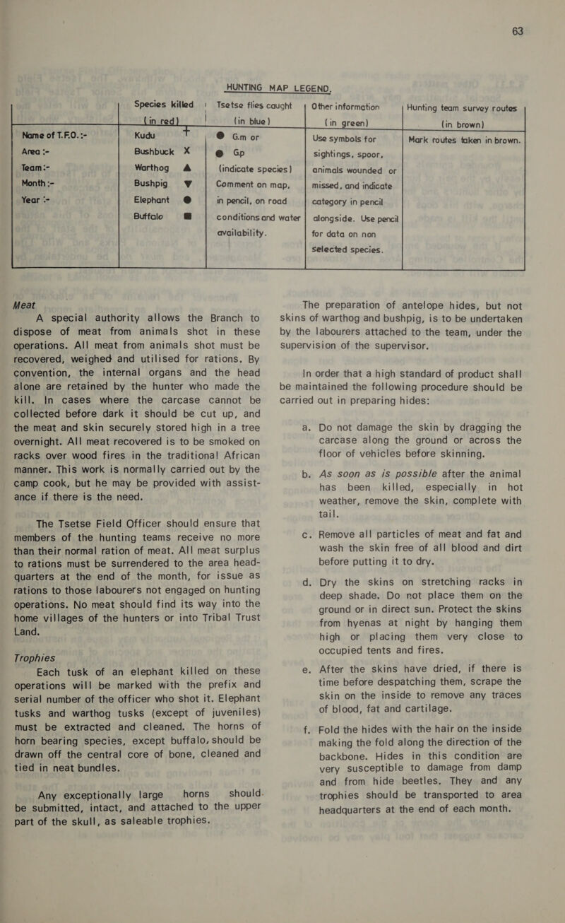  Species killed     Name of T.F.0. :- Area ‘- @ Gm or @ Gp      Team:- Month :- Year ‘-    Elephant Buffalo      A Bushpig VW @ @ availability. kill. In cases where the carcase cannot be collected before dark it should be cut up, and the meat and skin securely stored high in a tree overnight. All meat recovered is to be smoked on racks over wood fires in the traditiona! African manner. This work is normally carried out by the camp cook, but he may be provided with assist- ance if there is the need. The Tsetse Field Officer should ensure that members of the hunting teams receive no more than their normal ration of meat. All meat surplus to rations must be surrendered to the area head- quarters at the end of the month, for issue as rations to those labourers not engaged on hunting operations. No meat should find its way into the home villages of the hunters or into Tribal Trust Land. Trophies Each tusk of an elephant killed on these operations will be marked with the prefix and serial number of the officer who shot it. Elephant tusks and warthog tusks (except of juveniles) must be extracted and cleaned. The horns of horn bearing species, except buffalo, should be drawn off the central core of bone, cleaned and tied in neat bundles. Any exceptionally large horns should. be submitted, intact, and attached to the upper part of the skull, as saleable trophies. Other information                  Hunting team survey routes (in green) (in brown) Use symbols for Mark routes taken in brown. sightings, spoor, animals wounded or missed, and indicate      category in pencil alongside. Use pencil for data on non selected species. The preparation of antelope hides, but not skins of warthog and bushpig, is to be undertaken by the labourers attached to the team, under the supervision of the supervisor. In order that a high standard of product shall be maintained the following procedure should be carried out in preparing hides: a. Do not damage the skin by dragging the carcase along the ground or across the floor of vehicles before skinning. b. As soon as is possible after the animal has been killed, especially in hot weather, remove the skin, complete with tail. c. Remove all particles of meat and fat and wash the skin free of all blood and dirt before putting it to dry. d. Dry the skins on stretching racks in deep shade. Do not place them on the ground or in direct sun. Protect the skins from hyenas at night by hanging them high or placing them very close to occupied tents and fires. e, After the skins have dried, if there is time before despatching them, scrape the skin on the inside to remove any traces of blood, fat and cartilage. f. Fold the hides with the hair on the inside making the fold along the direction of the backbone. Hides in this condition are very susceptible to damage from damp and from hide beetles. They and any trophies should be transported to area headquarters at the end of each month.