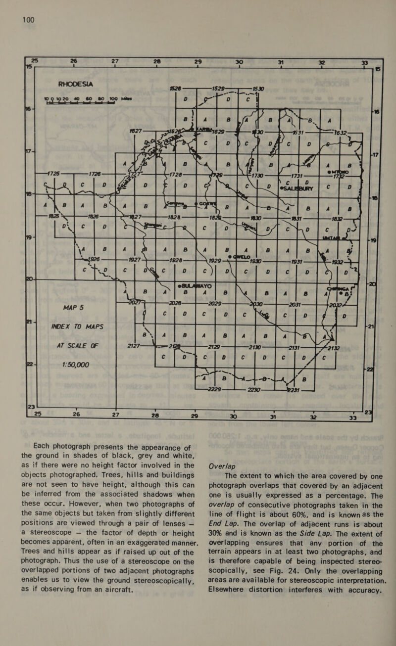 INDEX TO MAPS AT SCALE OF Each photograph presents the appearance of the ground in shades of black, grey and white, as if there were no height factor involved in the objects photographed. Trees, hills and buildings are not seen to have height, although this can be inferred from the associated shadows when these occur. However, when two photographs of the same objects but taken from slightly different positions are viewed through a pair of lenses — a stereoscope — the factor of depth or height Trees and hills appear as if raised up out of the photograph. Thus the use of a stereoscope on the overlapped portions of two adjacent photographs enables us to view the ground stereoscopically, as if observing from an aircraft.  Overlap The extent to which the area covered by one photograph overlaps that covered by an adjacent one is usually expressed as a percentage. The overlap of consecutive photographs taken in the line of flight is about 60%, and is known as the End Lap. The overlap of adjacent runs is about 30% and is known as the Side Lap. The extent of overlapping ensures that any portion of the terrain appears in at least two photographs, and is therefore capable of being inspected stereo- scopically, see Fig. 24. Only the overlapping areas are available for stereoscopic interpretation. Elsewhere distortion interferes with accuracy.