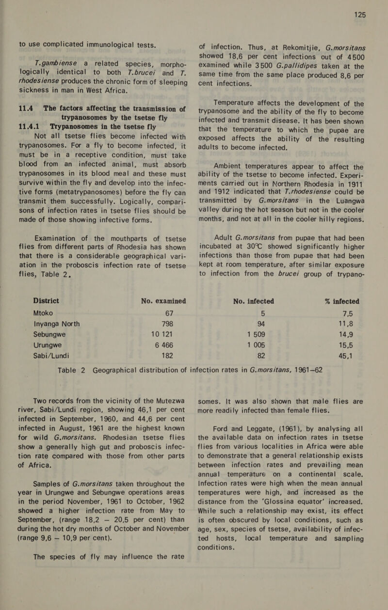 to use complicated immunological tests. T.gambiense a related species, morpho- logically identical to both T7.brucei and T. rhodesiense produces the chronic form of sleeping sickness in man in West Africa. 11.4 The factors affecting the transmission of trypanosomes by the tsetse fly 11.4.1 Trypanosomes in the tsetse fly Not all tsetse flies become infected with trypanosomes. For a fly to become infected, it must be in a receptive condition, must take blood from an infected animal, must absorb trypanosomes in its blood meal and these must Survive within the fly and develop into the infec- tive forms (metatrypanosomes) before the fly can transmit them successfully. Logically, compari- sons of infection rates in tsetse flies should be made of those showing infective forms. Examination of the mouthparts of tsetse flies from different parts of Rhodesia has shown that there is a considerable geographical vari- ation in the proboscis infection rate of tsetse flies, Table 2, District No. examined Mtoko 67 Inyanga North 798 Sebungwe 10 121 Urungwe 6 466 Sabi/Lundi 182 125 of infection. Thus, at Rekomitjie, G.morsitans showed 18,6 per cent infections out of 4500 examined while 3500 G.pa//idipes taken at the Same time from the same place produced 8,6 per cent infections. Temperature affects the development of the trypanosome and the ability of the fly to become infected and transmit disease. It has been shown that the temperature to which the pupae are exposed affects the ability of the resulting adults to become infected. Ambient temperatures appear to affect the ability of the tsetse to become infected. Experi- ments carried out in Northern Rhodesia in 1911 and 1912 indicated that 7.rhodesiense could be transmitted by G.morsitans in the Luangwa valley during the hot season but not in the cooler months, and not at all in the cooler hilly regions. Adult G.morsitans from pupae that had been incubated at 30°C showed significantly higher infections than those from pupae that had been kept at room temperature, after similar exposure to infection from the brucei group of trypano- No. infected % infected 5 ree 94 11,8 1 509 14,9 1 005 15,5 82 45,1 Two records from the vicinity of the Mutezwa river, Sabi/Lundi region, showing 46,1 per cent infected in September, 1960, and 44,6 per cent infected in August, 1961 are the highest known for wild G.morsitans. Rhodesian tsetse flies show a generally high gut and proboscis infec- tion rate compared with those from other parts of Africa. Samples of G.morsitans taken throughout the year in Urungwe and Sebungwe operations areas in the period November, 1961 to October, 1962 showed a higher infection rate from May to September, (range 18,2 — 20,5 per cent) than (range 9,6 — 10,9 per cent). The species of fly may influence the rate somes. It was also snown that male flies are more readily infected than female flies. Ford and Leggate, (1961), by analysing all the available data on infection rates in tsetse flies from various localities in Africa were able to demonstrate that a general relationship exists between infection rates and prevailing mean annual temperature on a continental scale. Infection rates were high when the mean annual temperatures were high, and increased as the distance from the ‘Glossina equator’ increased. While such a relationship may exist, its effect is often obscured by local conditions, such as age, sex, species of tsetse, availability of infec- ted hosts, local temperature and sampling conditions.