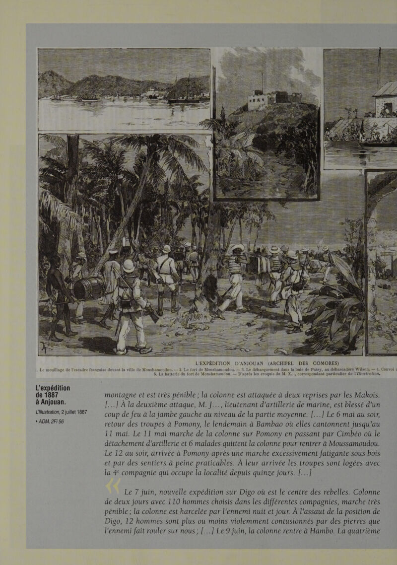                                                                                                                                                                                             |. Le mouillage de l'escadre française devant la ville de Monshamoudou, — 2. Le fort de Monshamoudou, — 3, Le débarquement dans la baie de Patsy, au débarcadère Wilson, — 4, Convoi € 5. La batterie du fort de Monshamoudou. — D'après les croquis de M. X..., correspondant particulier de l'Zlustration, L'expédition de 1887 montagne et est très pénible ; la colonne est attaquée à deux reprises par les Makois. à Anjouan. [...] À la deuxième attaque, M. ]..., lieutenant d'artillerie de marine, est blessé d'un ÉRSRAIAE A MIEL EE coup de feu à la jambe gauche au niveau de la partie moyenne. [...] Le 6 mai au soir, + ADM. 2Fi 56 retour des troupes à Pomony, le lendemain à Bambao où elles cantonnent jusqu'au 11 mai. Le 11 mai marche de la colonne sur Pomony en passant par Cimbéo où le détachement d'artillerie et 6 malades quittent la colonne pour rentrer à Moussamoudou. Le 12 au soir, arrivée à Pomony après une marche excessivement fatigante sous bois et par des sentiers à peine praticables. À leur arrivée les troupes sont logées avec la 4° compagnie qui occupe la localité depuis quinze jours. [...] Le 7 juin, nouvelle expédition sur Digo où est le centre des rebelles. Colonne de deux jours avec 110 hommes choisis dans les différentes compagnies, marche très pénible ; la colonne est harcelée par l'ennemi nuit et jour. À l'assaut de la position de Digo, 12 hommes sont plus ou moins violemment contusionnés par des pierres que l'ennemi fait rouler sur nous ; [...] Le 9 juin, la colonne rentre à Hambo. La quatrième