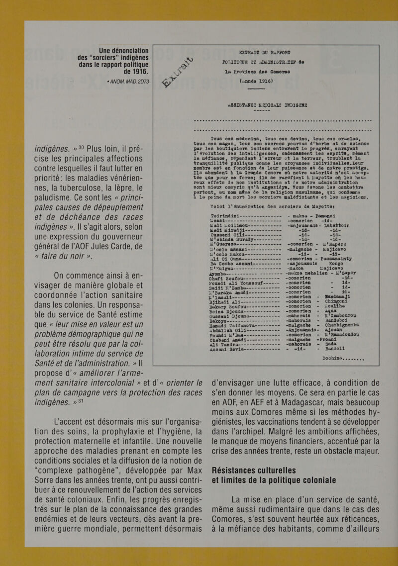 Une dénonciation des “sorciers” indigènes dans le rapport politique de 1916. + ANOM. MAD. 2D73 EXTRAIT DU RaPPORT POLITIQUE ET ADMINISTR,TIF de la Province des Comores (année 1916) ASSISTANCE MADICALE INDIGENE Tous ces médocins, tous ces devins, tous ces oraocles, par les boutiquiers indiens entravent le progrès, enrayent l'évolution des intelligences, cadenassent les esprits, sèment 1e méfiance, répandent l'erreur ct la terreur, troublent la tranquillité publique comme les croyances individuelles,Leur nombre est en fonction de leur puissance et de notre prestige. 11s abondent à la Grande Comore où notre autorité n'est accep- tée qüe pour se force; 118 8e raréfient à Mayotte où les heu- reux effets se nos institutions et €e notre administration sont mieux compris qn'à Angazidya. Nous devons les combattre partout, au nom même de la religion musulmane, qui condamne indigènes. »% Plus loin, il pré- cise les principales affections contre lesquelles il faut lutter en priorité : les maladies vénérien- nes, la tuberculose, la lèpre, le  paludisme. Ce sont les « princi- pales causes de dépeuplement et de déchéance des races indigènes ». Il s’agit alors, selon une expression du gouverneur général de l’AOF Jules Carde, de « faire du noir ». On commence ainsi à en- visager de manière globale et coordonnée l’action sanitaire dans les colonies. Un responsa- ble du service de Santé estime que « /eur mise en valeur est un problème démographique qui ne peut être résolu que par la col- laboration intime du service de Santé et de l'administration. » || propose d’« améliorer l’arme- ment sanitaire intercolonial » et d’« orienter le plan de campagne vers la protection des races indigènes. » 3 L'accent est désormais mis sur l’organisa- tion des soins, la prophylaxie et l'hygiène, la protection maternelle et infantile. Une nouvelle approche des maladies prenant en compte les conditions sociales et la diffusion de la notion de “complexe pathogène”, développée par Max Sorre dans les années trente, ont pu aussi contri- buer à ce renouvellement de l’action des services de santé coloniaux. Enfin, les progrès enregis- trés sur le plan de la connaissance des grandes endémies et de leurs vecteurs, dès avant la pre- mière guerre mondiale, permettent désormais Voici l'énumération des sorciers de Mayotte: Tsirindini Loasi Mudi Loilimou Madi Miradji - makoa - Pamanzi -comorien -id- -anjouanais- Labattoir id ia -i1d- -i1d- M'chinda Surady -id- -id- li 'Guereza -comorfen - ji'Sapéré li'colo assani-----------.… -malgeche - Majicavo colo Makoa -ià- - -comorien - Passamainty -anjouane is Kongo M'Vuigna -maxoa lajicavo Ayomba----------- -------- -mukoa mehelien - N'Sapér Chafi Soufou -comorien -id- Founädi 411 Youssouf -conorien -comorien -comorien -comorien - -comorien - -comorien - -comorien - TE L'Baraka Amadi L'lamali Bjihadi Ali Bakary soufou Boina Djouma Ousseni Djouma M'Zambourou Bandaboi Chembignomba -m8horais -muhoruis -mulgache - -Anjouanais - -comorien - Hamadi Tsifanova abdallah Oili -malgache -nahorais - Dochina  d'envisager une lutte efficace, à condition de s’en donner les moyens. Ce sera en partie le cas en AOF, en AËF et à Madagascar, mais beaucoup moins aux Comores même si les méthodes hy- giénistes, les vaccinations tendent à se développer dans l'archipel. Malgré les ambitions affichées, le manque de moyens financiers, accentué par la crise des années trente, reste un obstacle majeur. Résistances culturelles et limites de la politique coloniale La mise en place d’un service de santé, même aussi rudimentaire que dans le cas des Comores, s’est souvent heurtée aux réticences, à la méfiance des habitants, comme d’ailleurs