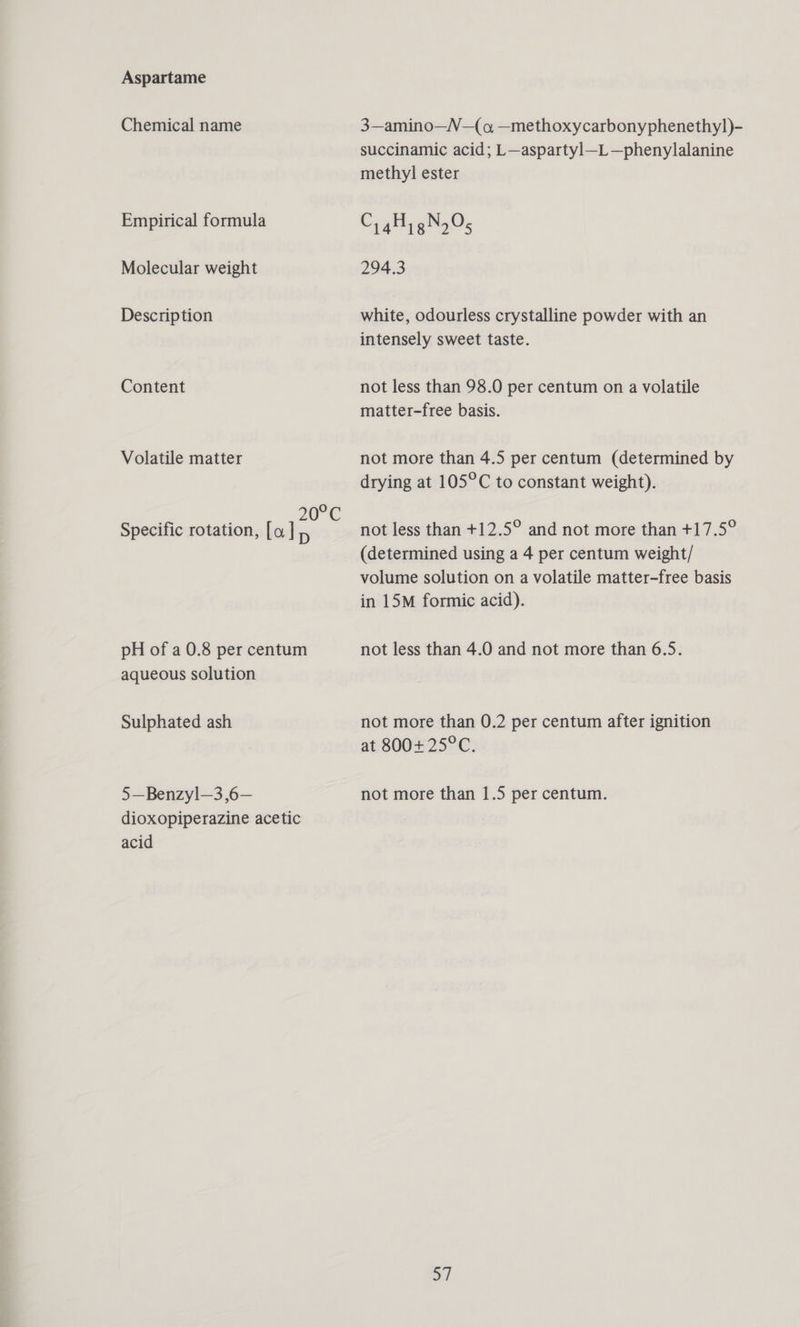 Aspartame Chemical name Empirical formula Molecular weight Description Content Volatile matter | | 20°C Specific rotation, [a] p pH of a 0.8 per centum aqueous solution Sulphated ash 5—Benzyl—3 ,6— dioxopiperazine acetic acid 3—amino—N—(a —methoxycarbonyphenethyl)- succinamic acid; L—aspartyl—L—phenylalanine methyl ester C 14 H 18 Ny 05 294.3 white, odourless crystalline powder with an intensely sweet taste. not less than 98.0 per centum on a volatile matter-free basis. not more than 4.5 per centum (determined by drying at 105°C to constant weight). not less than +12.5° and not more than +17.5° (determined using a 4 per centum weight/ volume solution on a volatile matter-free basis in 15M formic acid). not less than 4.0 and not more than 6.5. not more than 0.2 per centum after ignition at 800+ 25°C. not more than 1.5 per centum. ai