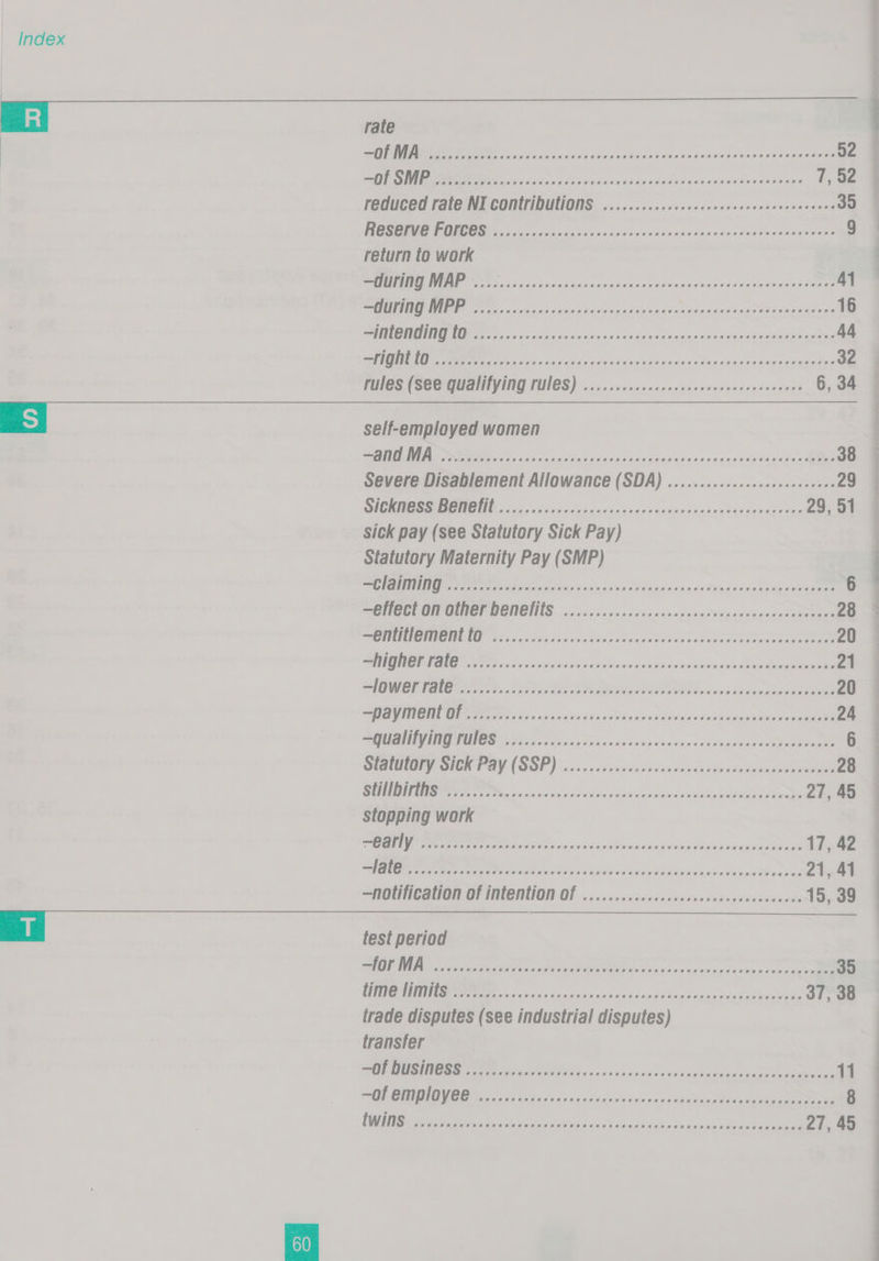 NOIR i caceccsinsccsandadsivsgnn senses ohne eoeRi 52 Sl OM ROM cies oes sinvoens se rdeen 7, 52 reduced rate NI CONntriDULIONS ...........1cc0ceesecceneereenseenes 35 PORE CCE ie icy aevuta vase rberusenevbadesiaavgndntterawuseramt 9 return to work SHE GAN ee oe cvinstansgnnatnenssaces Pevincans anda scnskevasivameae 41 TION IPI tee 2s cedeisndeweginiesdvethay eraneiaset ng MeAewenraaane 16 Be PANO ORO ais icici tat ande avnan gots tend vcawet ccaue cauemmar toe 44 SiON Deere ila is ere ycGdiGvankaerancumumrannaas erapieensks 32 rules (see qualifying FUI@S) ......1:cccccecercecescensececeees 6, 34 S self-employed women TN MM Set ko lee 38 Severe Disablement Allowance (SDA) ........2102ccs0ceeneerees 29 SIGKHOSSIBENGUY ice ceiccetsisncispecseusssnersisasactasacncss 29, 51 Sick pay (see Statutory Sick Pay) Statutory Maternity Pay (SMP) SPO AL TTR eee ioe oh iacirc; Hoes dv sud PUabulenvaaadaxecescveqavitest es 6 —@ffect on other DENTS ......202ccccccersnensevecscecsececsnrenss 28 TEOITEFIGHIRGTICTO” iss suscveoeescs coven deirisxcenssenl tit tesctaeto 20 MEO Rea al Ota ee conse cleat epeaaticr vid antcintals Santee Daatengaaeede 21 SOWA coe hiner aoe ok MAR ee oN Oe vienna RES 20 SSMU TIEN ter OP 2A o's anss nadie aieb¥ na vue av vances nudek ema eee 24 SAPUANLVINUTES giver on sui ene What vviedetevensenaluavevinvascurserets 6 Statutory Sick Pay (SSP) .....:csccecsccccecececesesevencecenecenes 28 SET Oe oe in eins wich at sews wbie oars em ele van pu MeReS aE eeS 27, 45 stopping work oN en har Ae or eT ener et ee 17, 42 Bl Lah. Sate ee Ges ae Se 21, 41 —Notification of intention OF ...........1ccsecesceceeseesecess 15, 39 ml test period SG Ree eae ee mS 35 WTC AUN Se nee nests fake duns raze dcvdesuivvarecedmtacusee: 37, 38 trade disputes (see industrial disputes) transfer POUR Gee mteeitas Ree tain os'n aks v0 exis eoeapeedancteeeeeenen 11 POT BRNOV CBee: ic si2ncsnsnasthasdvvennacsinbedies Poitectisee eee 8 HULLS at 2 ee co ere ee eee Bee he 27, 45  a alien, in led, a hata. heat tegen a EEE ee ee eee ee eee