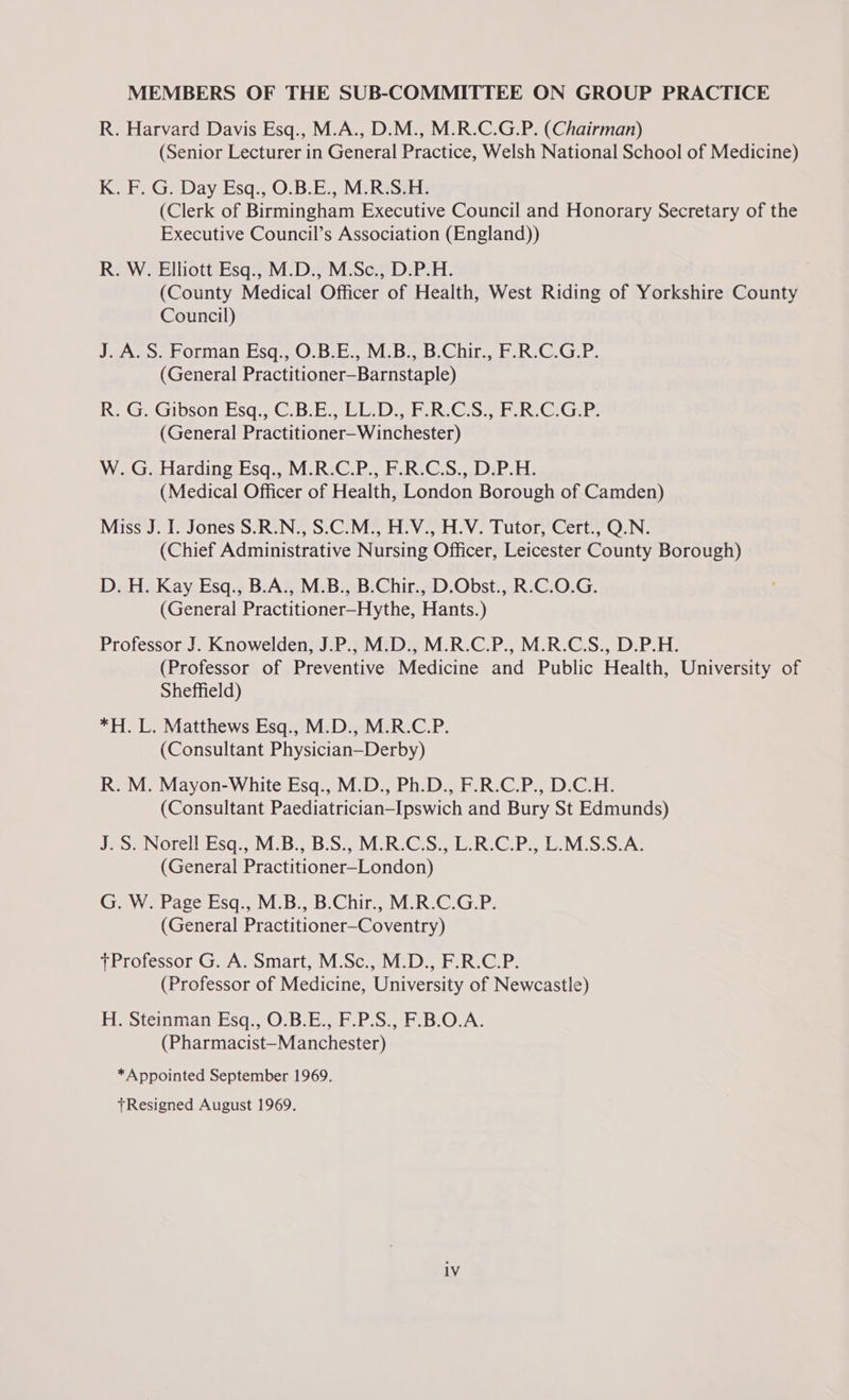 MEMBERS OF THE SUB-COMMITTEE ON GROUP PRACTICE R. Harvard Davis Esq., M.A., D.M., M.R.C.G.P. (Chairman) (Senior Lecturer in General Practice, Welsh National School of Medicine) K. F. G. Day Esq., O.B.E., M.R.S.H. (Clerk of Birmingham Executive Council and Honorary Secretary of the Executive Council’s Association (England)) R. W. Elliott Esq., M.D., M.Sc., D.P.H. (County Medical Officer of Health, West Riding of Yorkshire County Council) J. A. S. Forman Esq., O.B.E., M.B., B.Chir., F.R.C.G.P. (General Practitioner—Barnstaple) RR. .G. Gibson Esq), G-6-E.. UU. De FRG st Rk. C Gre. (General Practitioner—Winchester) W. G. Harding Esq., M.R.C.P., F.R.C.S., D.P.H. (Medical Officer of Health, London Borough of Camden) Miss J. I. Jones S.R.N., S.C.M., H.V., H.V. Tutor, Cert., Q.N. (Chief Administrative Nursing Officer, Leicester County Borough) D. H. Kay Esq., B.A., M.B., B.Chir., D.Obst., R.C.O.G. (General Practitioner-Hythe, Hants.) Professor J. Knowelden, J.P., M.D., M.R.C.P., M.R.C.S., D.P.H. (Professor of Preventive Medicine and Public Health, University of Sheffield) *H. L. Matthews Esq., M.D., M.R.C.P. (Consultant Physician—Derby) R. M. Mayon-White Esq., M.D., Ph.D., F.R.C.P., D.C.H. (Consultant Paediatrician—Ipswich and Bury St Edmunds) J.S. Norell Esq., M.B., B.S., M.R.C.S., L.R.C.P., L.M.S.S.A. (General Practitioner-London) G. W. Page Esq., M.B., B.Chir:, M.R.C.G.P: (General Practitioner—Coventry) +Professor G. A. Smart, M.Sc., M.D., F.R.C.P. (Professor of Medicine, University of Newcastle) H. Steinman Esq., O.B.E., F.P.S., F.B.O.A. (Pharmacist-Manchester) *Appointed September 1969. tResigned August 1969.