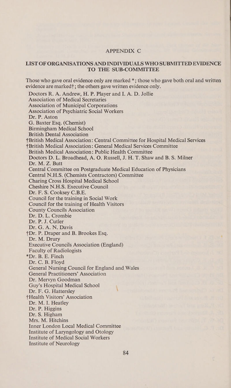 LIST OF ORGANISATIONS AND INDIVIDUALS WHO SUBMITTED EVIDENCE TO THE SUB-COMMITTEE Those who gave oral evidence only are marked *; those who gave both oral and written evidence are markedf ; the others gave written evidence only. Doctors R. A. Andrew, H. P. Player and I. A. D. Jollie Association of Medical Secretaries Association of Municipal Corporations Association of Psychiatric Social Workers Dr. P. Aston G. Baxter Esq. (Chemist) Birmingham Medical School British Dental Association British Medical Association: Central Committee for Hospital Medical Services +British Medical Association: General Medical Services Committee British Medical Association: Public Health Committee Doctors D. L. Broadhead, A. O. Russell, J. H. T. Shaw and B. S. Milner Dr. M. Z. Butt Central Committee on Postgraduate Medical Education of Physicians Central N.H.S. (Chemists Contractors) Committee Charing Cross Hospital Medical School Cheshire N.H.S. Executive Council Dr. F. S. Cooksey C.B.E. Council for the training in Social Work Council for the training of Health Visitors County Councils Association Dr. D. L. Crombie Diab. cuter Dr. G. A. N. Davis +Dr. P. Draper and B. Brookes Esq. Dr. M. Drury Executive Councils Association (England) Faculty of Radiologists ‘rr B.abarincn Dr. C. B. Floyd General Nursing Council for England and Wales General Practitioners’ Association Dr. Mervyn Goodman Guy’s Hospital Medical School Dr. F. G. Hattersley ’ +Health Visitors’ Association Dr. M. I. Heatley Dr. P. Higgins Dr. S. Higham Mrs. M. Hitchins Inner London Local Medical Committee Institute of Laryngology and Otology Institute of Medical Social Workers Institute of Neurology